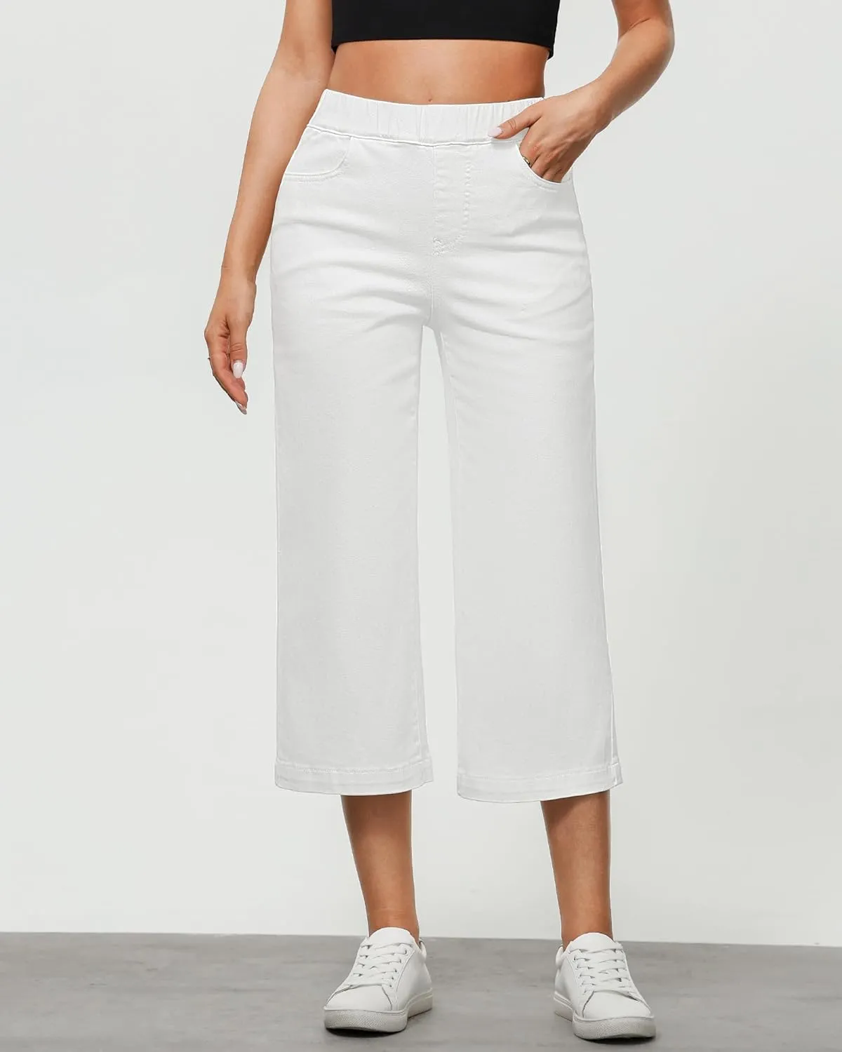 GRAPENT Capri Jeans for Women Wide Leg High Waisted Pull On Trendy Stretchy Denim Elastic Waist Jean Pants with Pockets