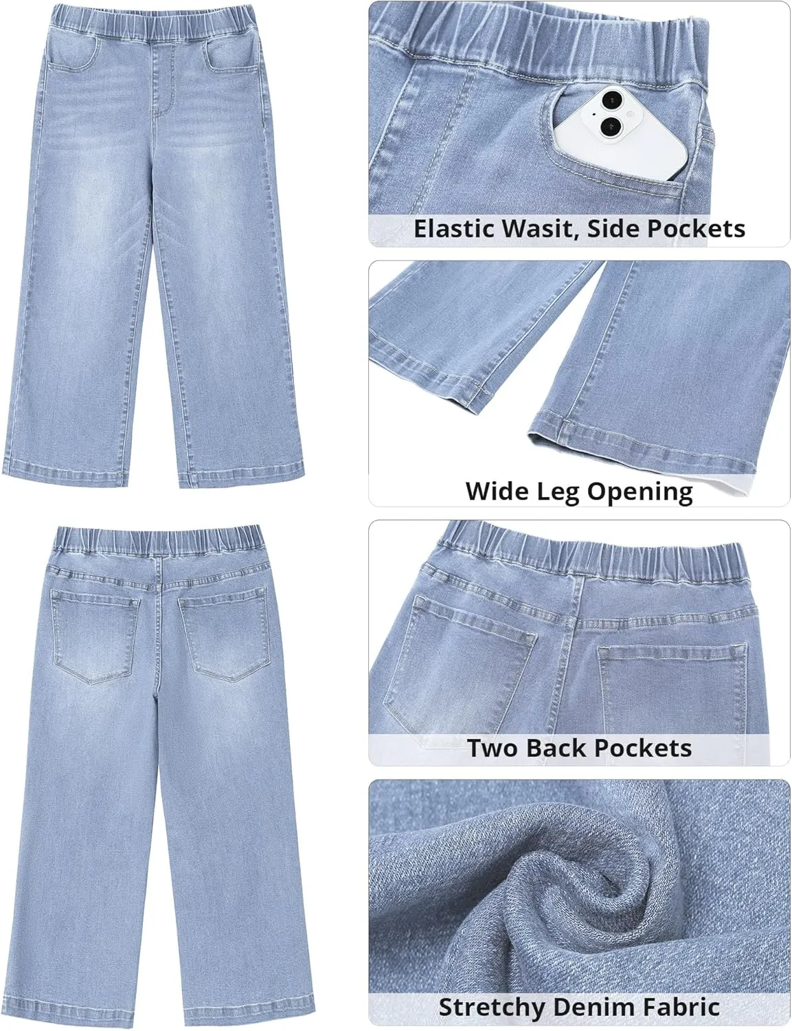 GRAPENT Capri Jeans for Women Wide Leg High Waisted Pull On Trendy Stretchy Denim Elastic Waist Jean Pants with Pockets