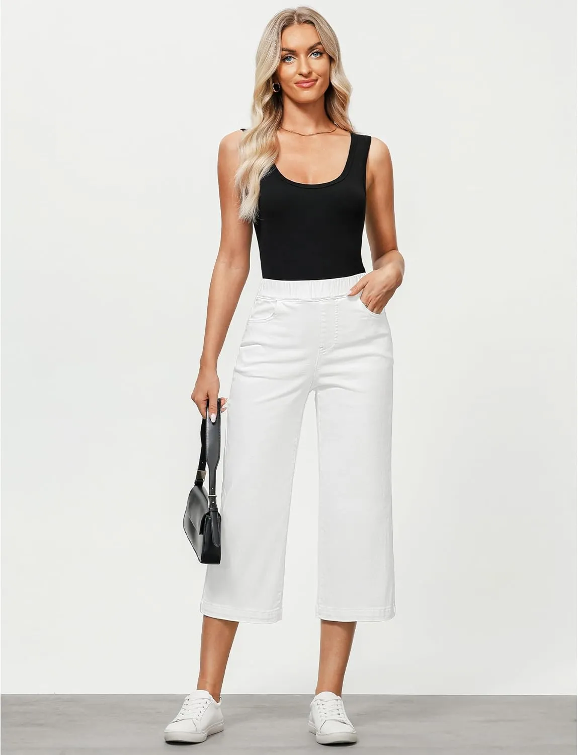 GRAPENT Capri Jeans for Women Wide Leg High Waisted Pull On Trendy Stretchy Denim Elastic Waist Jean Pants with Pockets