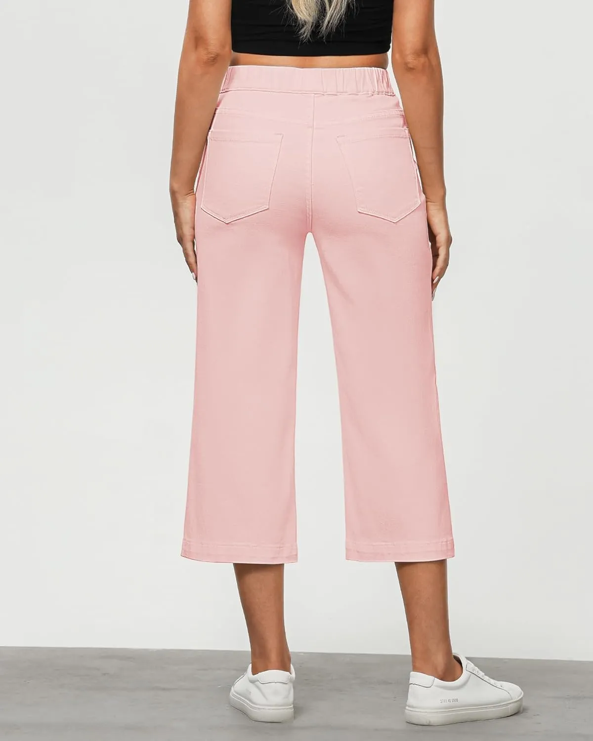 GRAPENT Capri Jeans for Women Wide Leg High Waisted Pull On Trendy Stretchy Denim Elastic Waist Jean Pants with Pockets