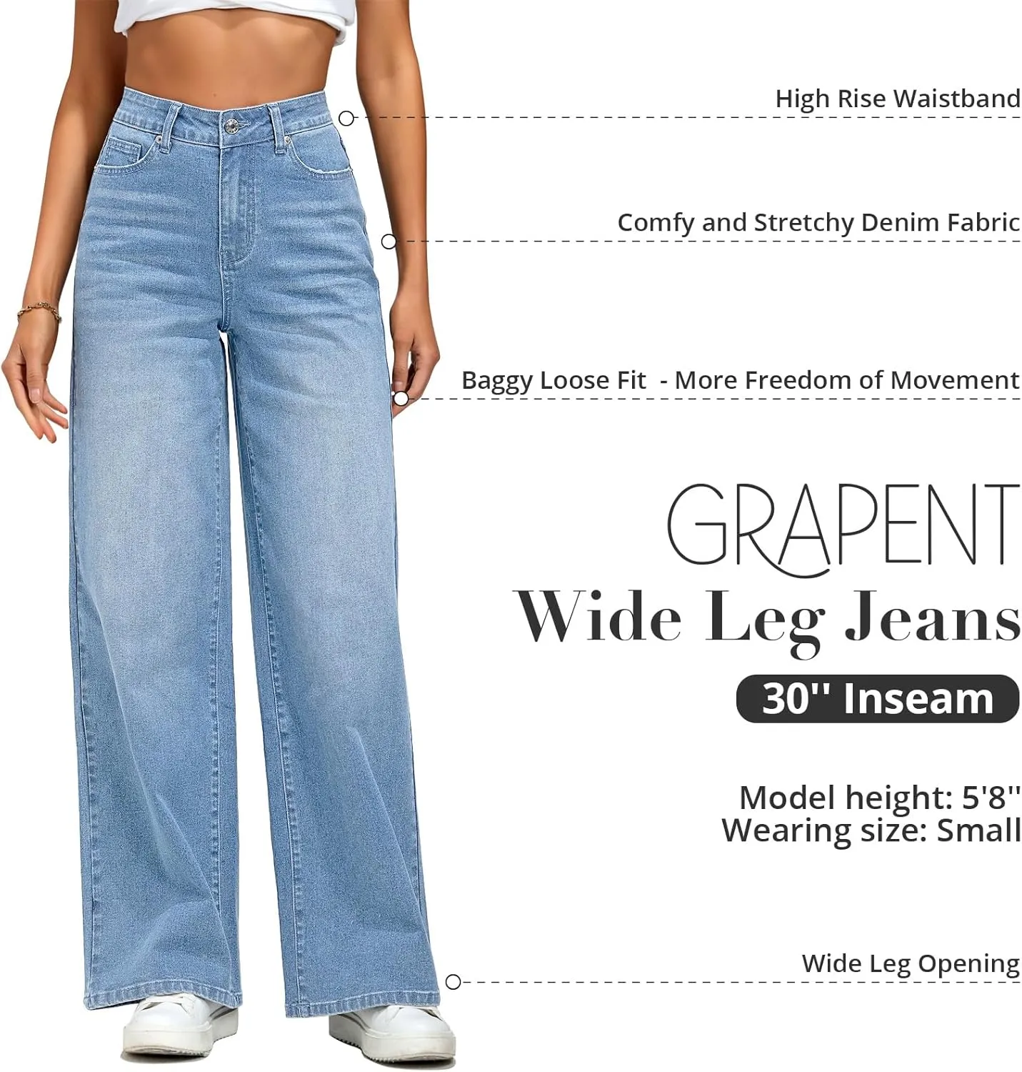 GRAPENT Wide Leg Jeans for Women Trendy High Waisted Stretchy Denim Pants 90s Baggy Jeans Trouser Jeans with Pockets