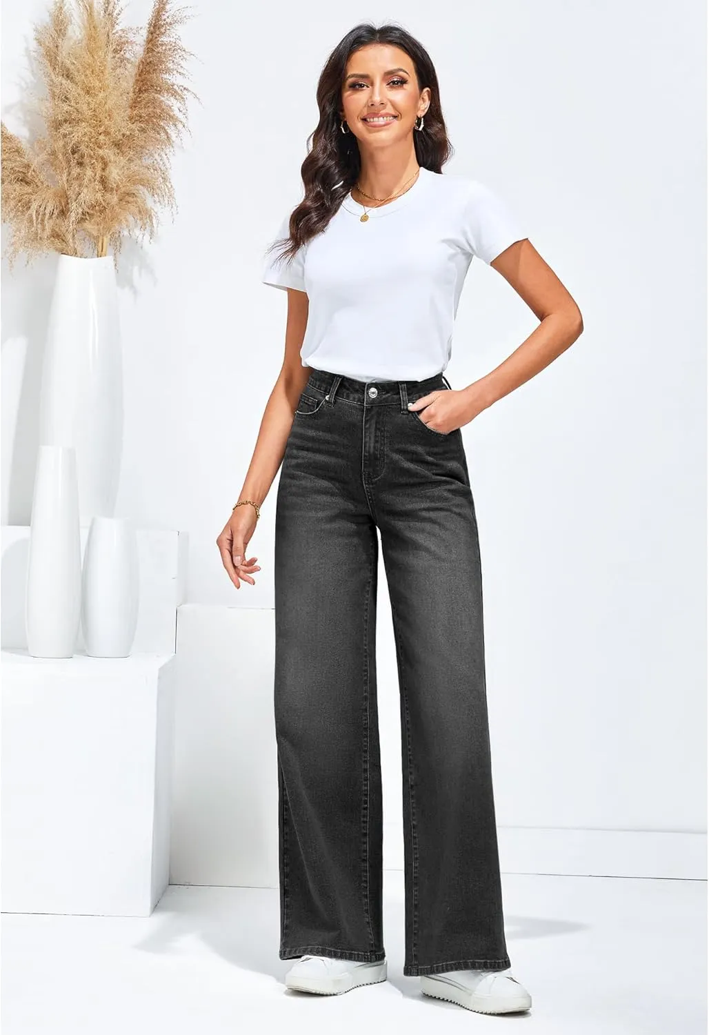 GRAPENT Wide Leg Jeans for Women Trendy High Waisted Stretchy Denim Pants 90s Baggy Jeans Trouser Jeans with Pockets