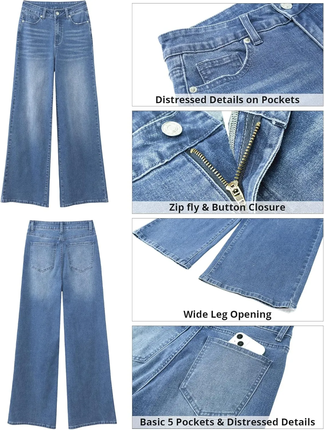 GRAPENT Wide Leg Jeans for Women Trendy High Waisted Stretchy Denim Pants 90s Baggy Jeans Trouser Jeans with Pockets