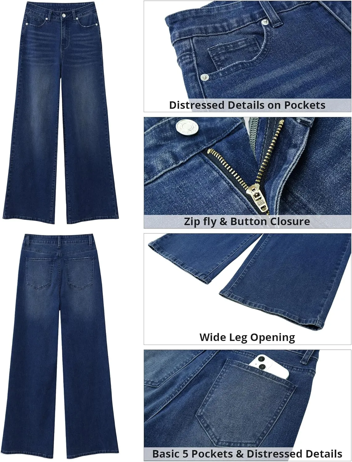 GRAPENT Wide Leg Jeans for Women Trendy High Waisted Stretchy Denim Pants 90s Baggy Jeans Trouser Jeans with Pockets