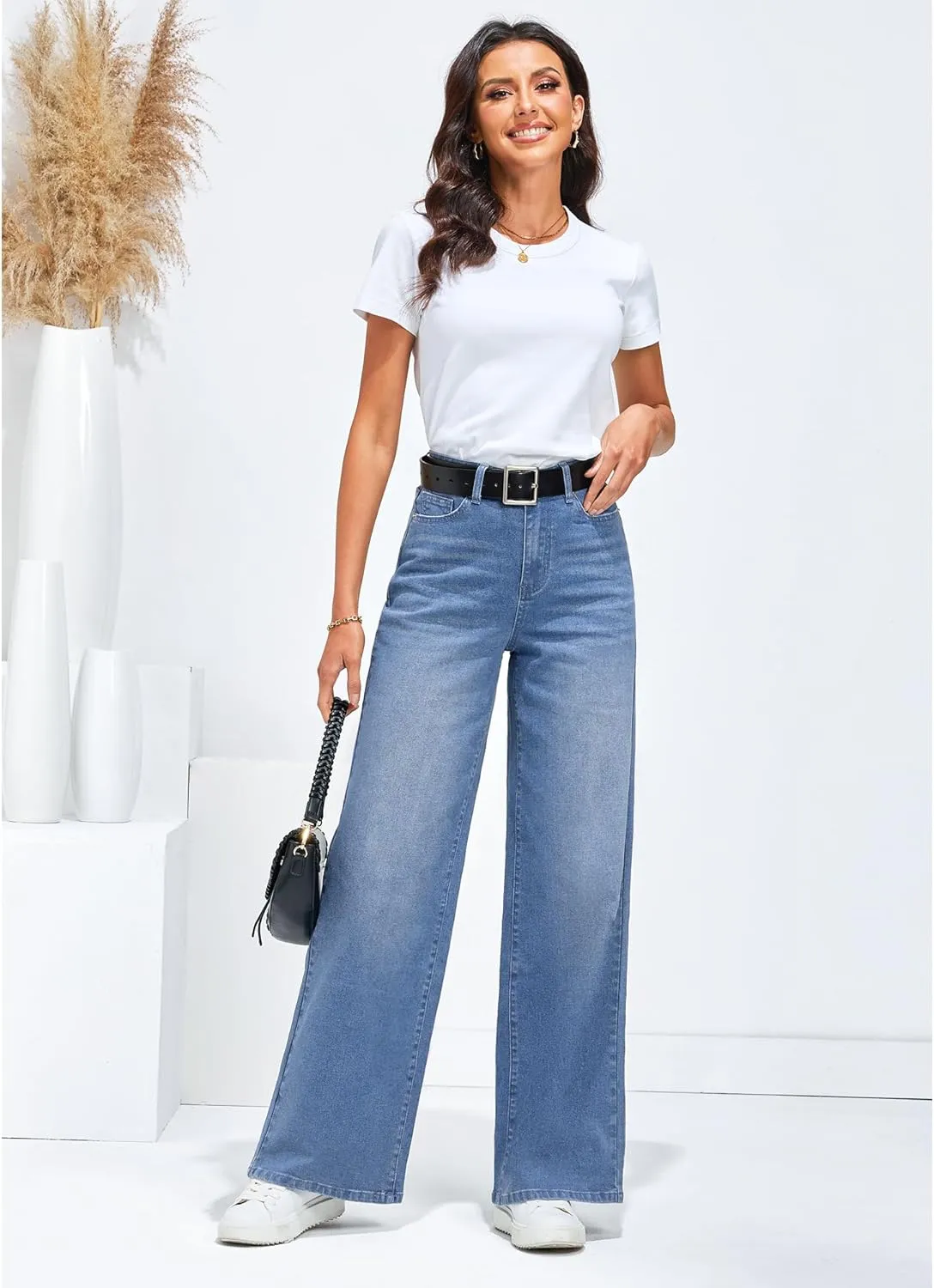 GRAPENT Wide Leg Jeans for Women Trendy High Waisted Stretchy Denim Pants 90s Baggy Jeans Trouser Jeans with Pockets