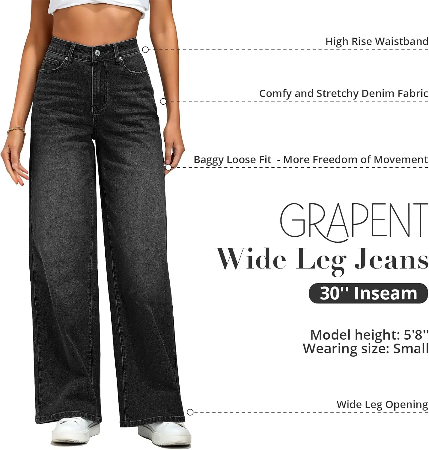 GRAPENT Wide Leg Jeans for Women Trendy High Waisted Stretchy Denim Pants 90s Baggy Jeans Trouser Jeans with Pockets