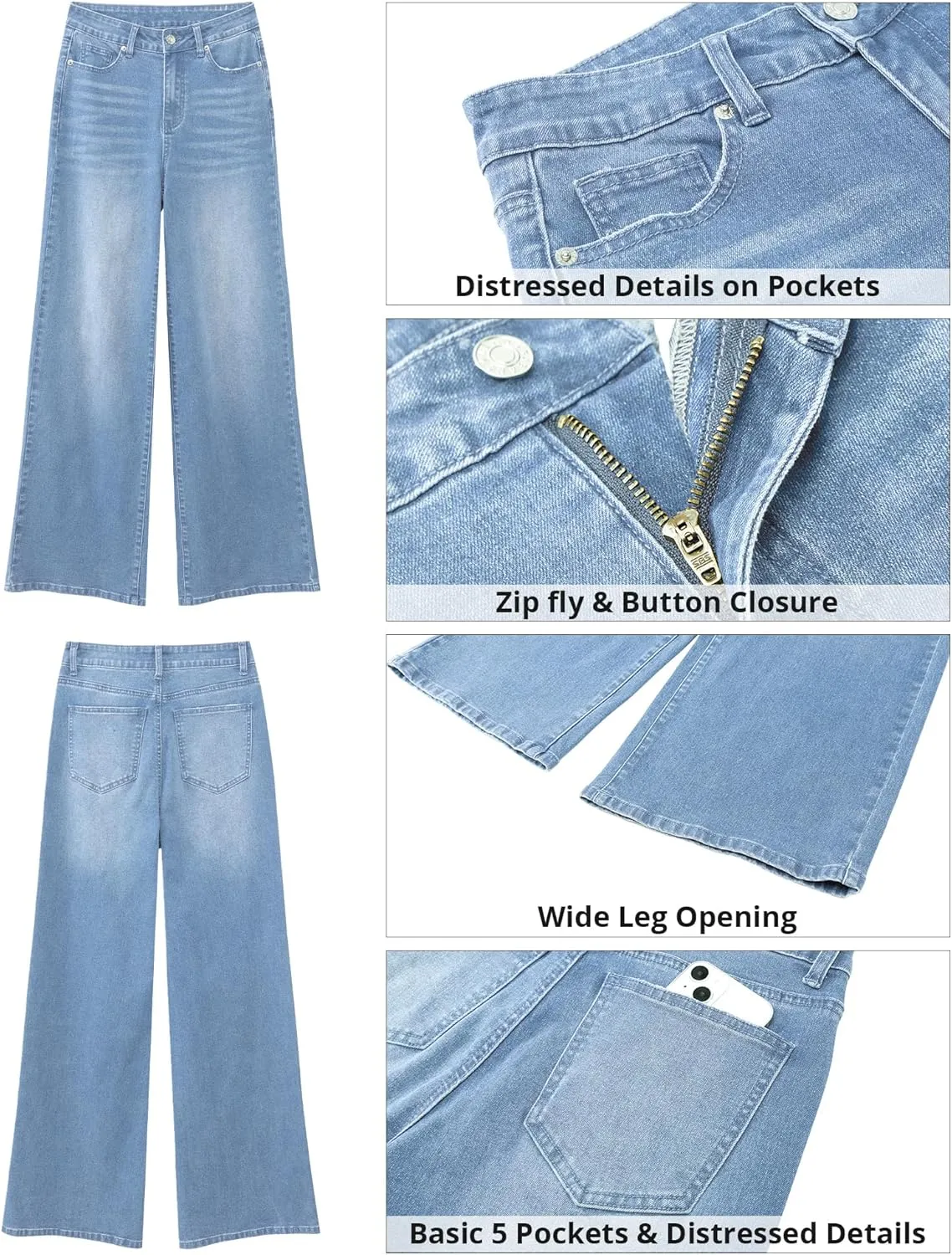 GRAPENT Wide Leg Jeans for Women Trendy High Waisted Stretchy Denim Pants 90s Baggy Jeans Trouser Jeans with Pockets