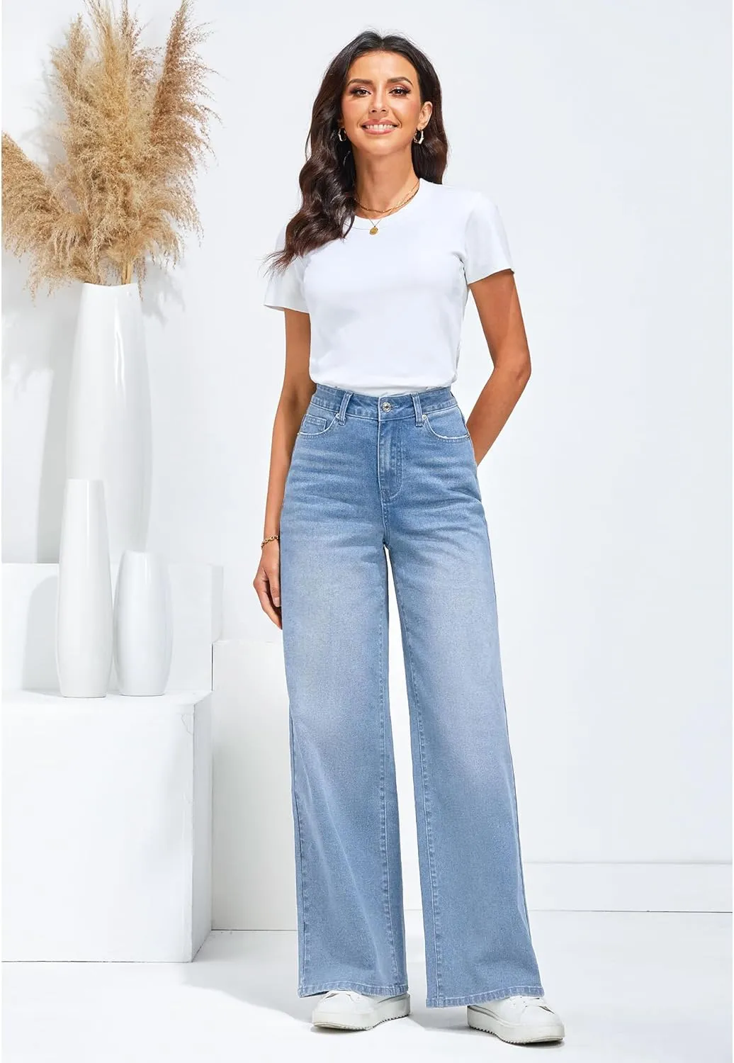 GRAPENT Wide Leg Jeans for Women Trendy High Waisted Stretchy Denim Pants 90s Baggy Jeans Trouser Jeans with Pockets