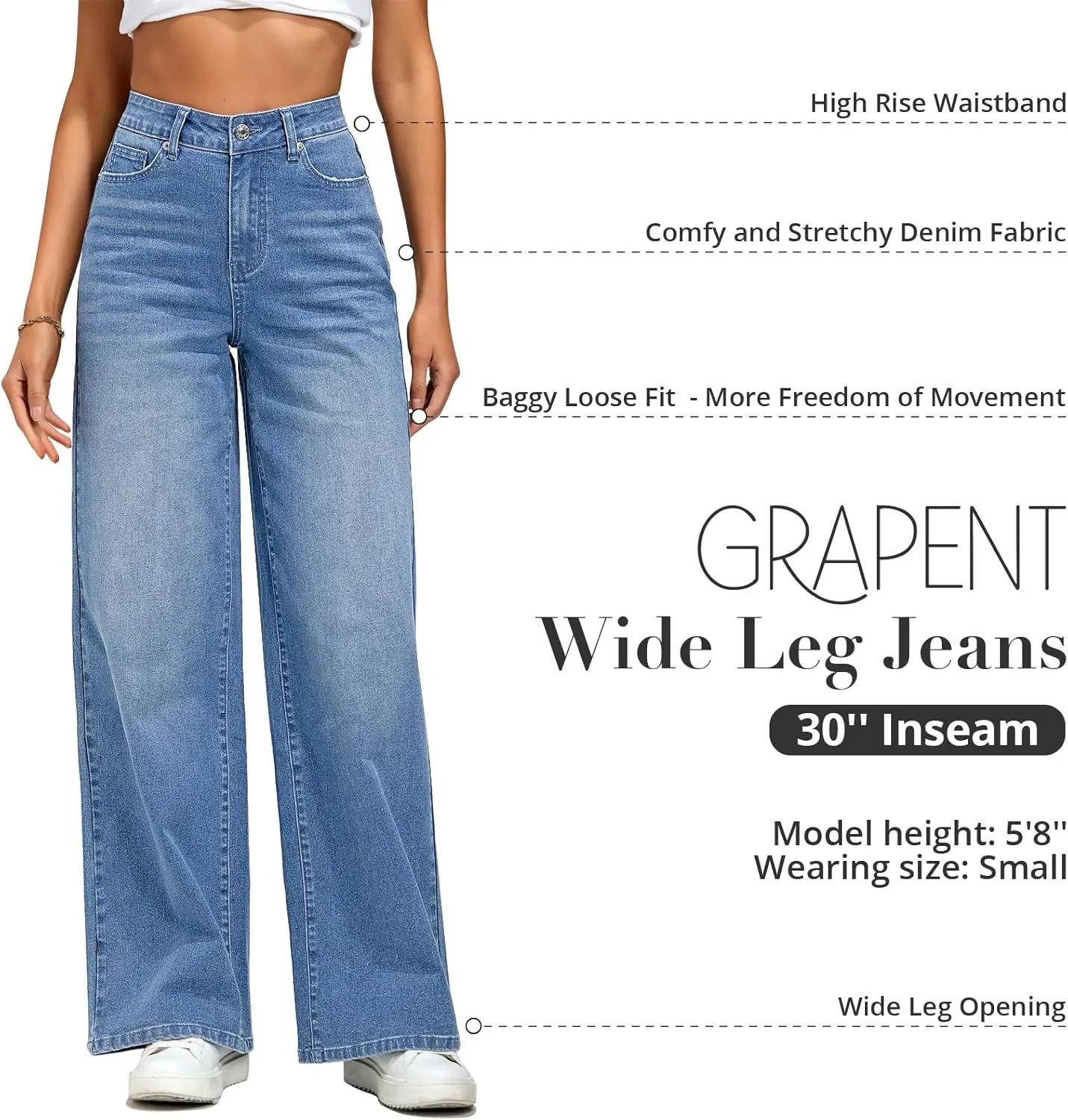 GRAPENT Wide Leg Jeans for Women Trendy High Waisted Stretchy Denim Pants 90s Baggy Jeans Trouser Jeans with Pockets