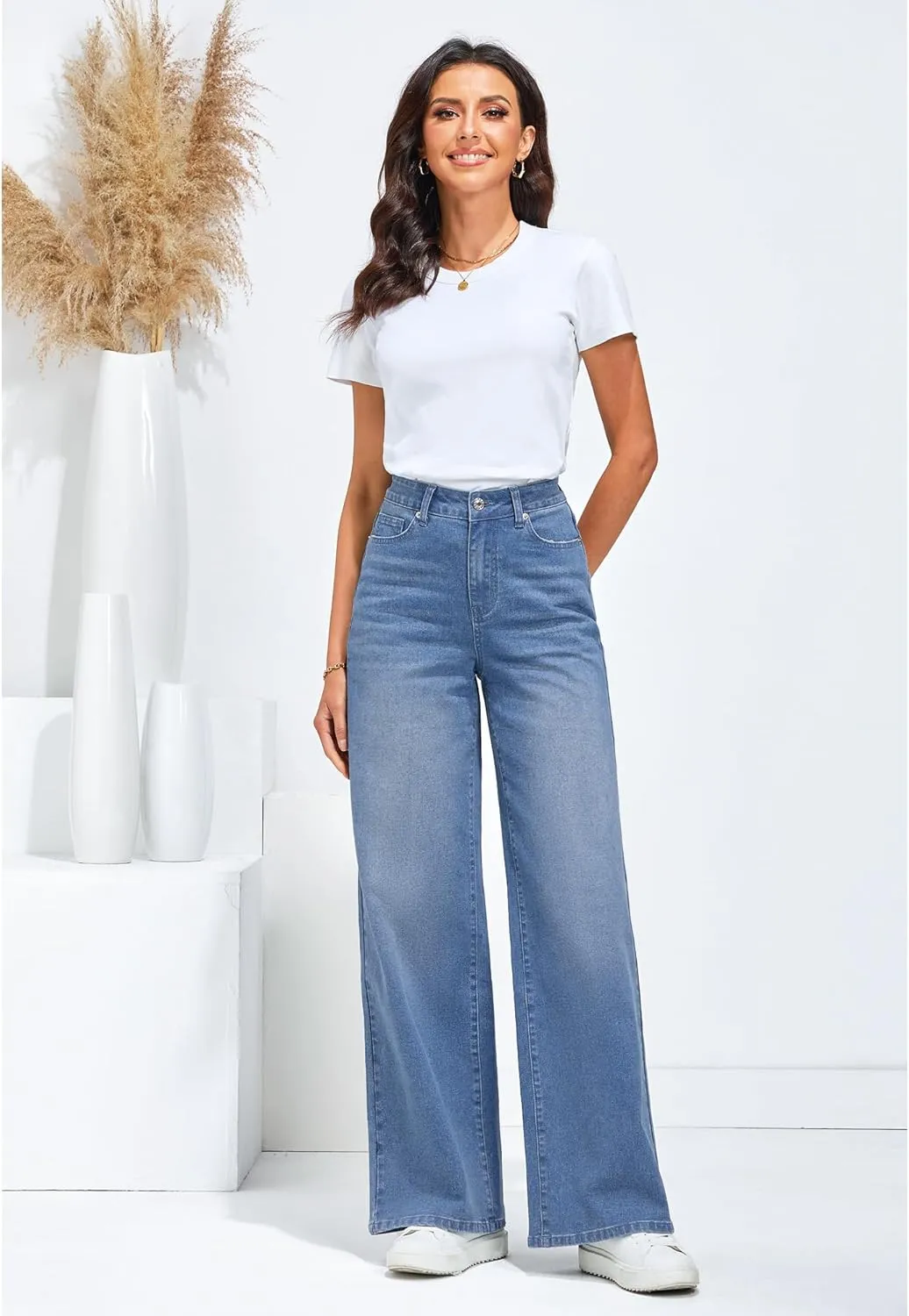 GRAPENT Wide Leg Jeans for Women Trendy High Waisted Stretchy Denim Pants 90s Baggy Jeans Trouser Jeans with Pockets