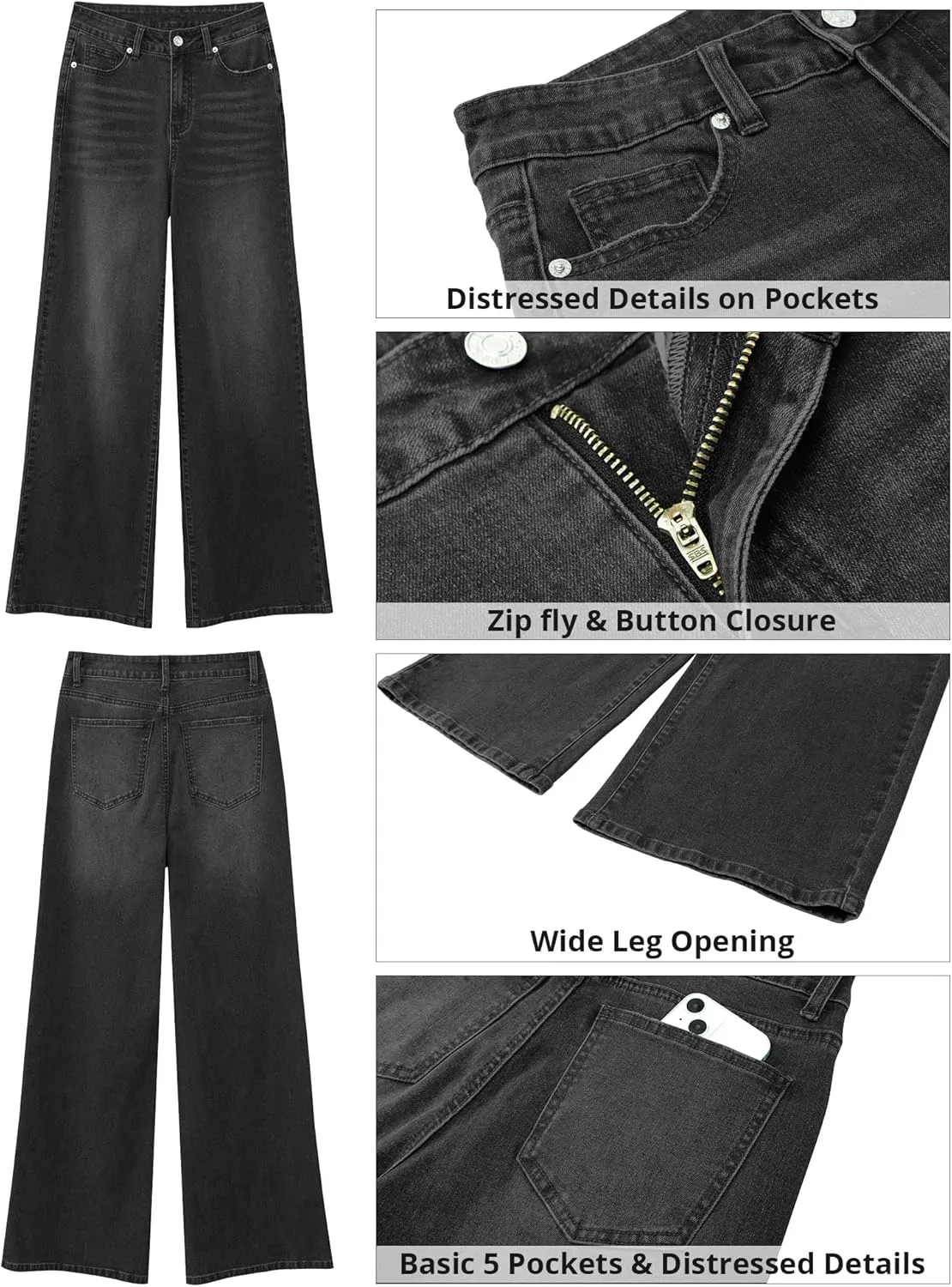 GRAPENT Wide Leg Jeans for Women Trendy High Waisted Stretchy Denim Pants 90s Baggy Jeans Trouser Jeans with Pockets