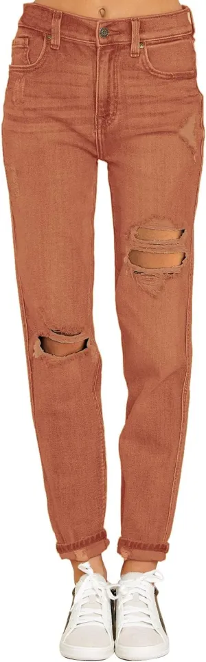 GRAPENT Women's Casual High Waisted Mom Jeans Ripped Stretchy Tapered Denim Pants