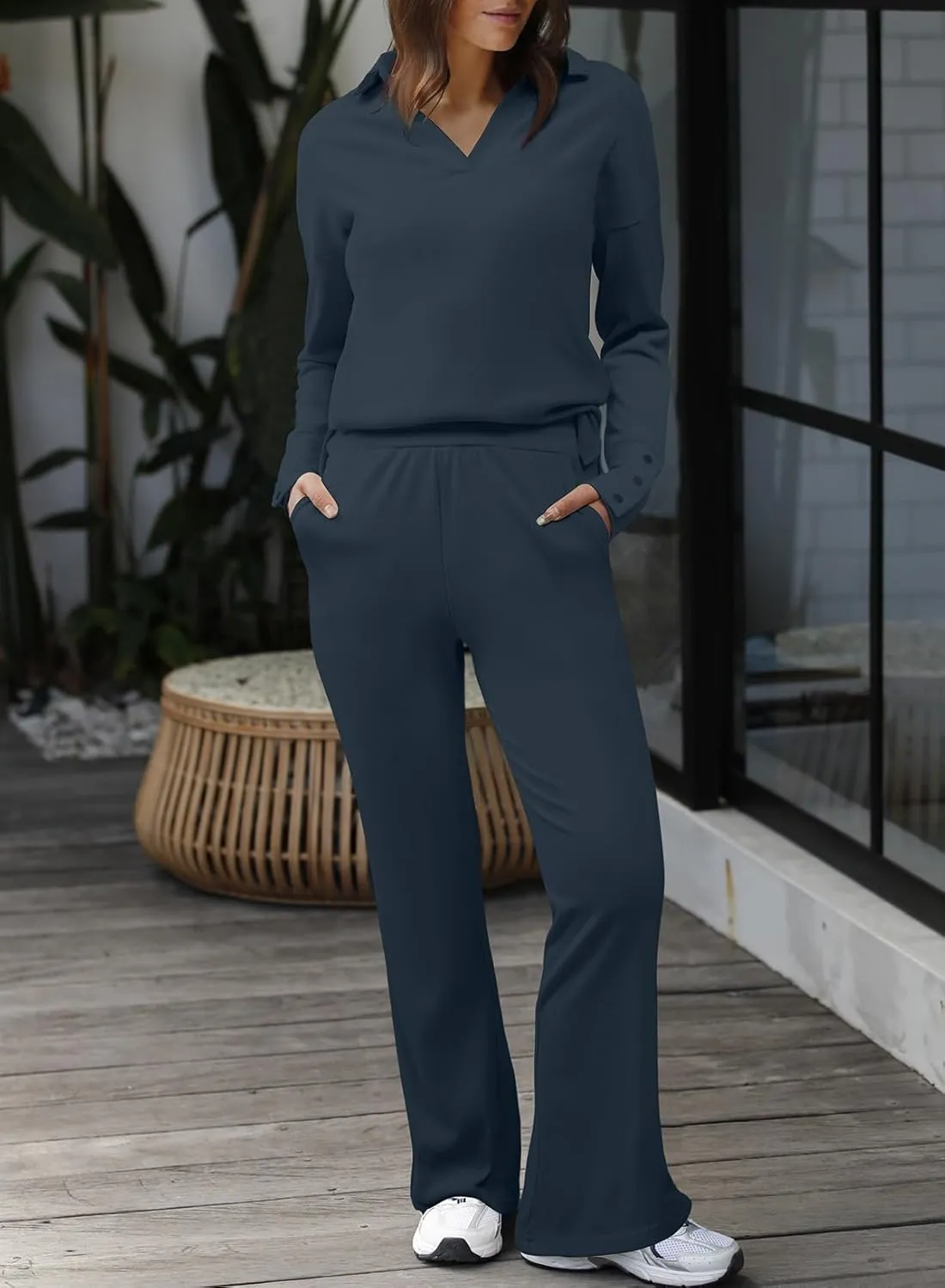 Herseas Women Sweater Set 2 Piece Outfits 2024 Long Sleeve Knit Lapel V Neck Tops High Waist Wide Leg Pants Lounge Sets