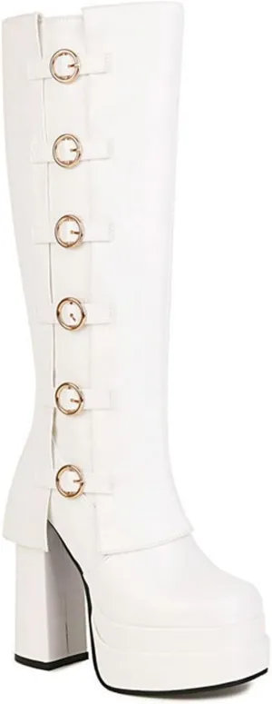 High Heels Women's Fold Over Knee High Boots Platform Chunky Heel Belt Buckles Pumps Dress Party Club Shoes 14cm