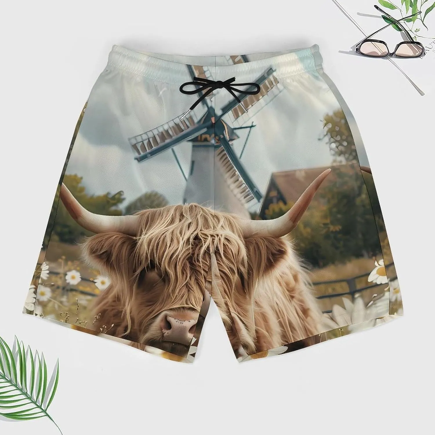 Highland Cow White Daisy Flower Men's Swim Trunks Quick Dry Board Shorts Swimwear Beach Shorts with Compression Liner
