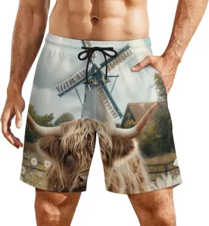Highland Cow White Daisy Flower Men's Swim Trunks Quick Dry Board Shorts Swimwear Beach Shorts with Compression Liner