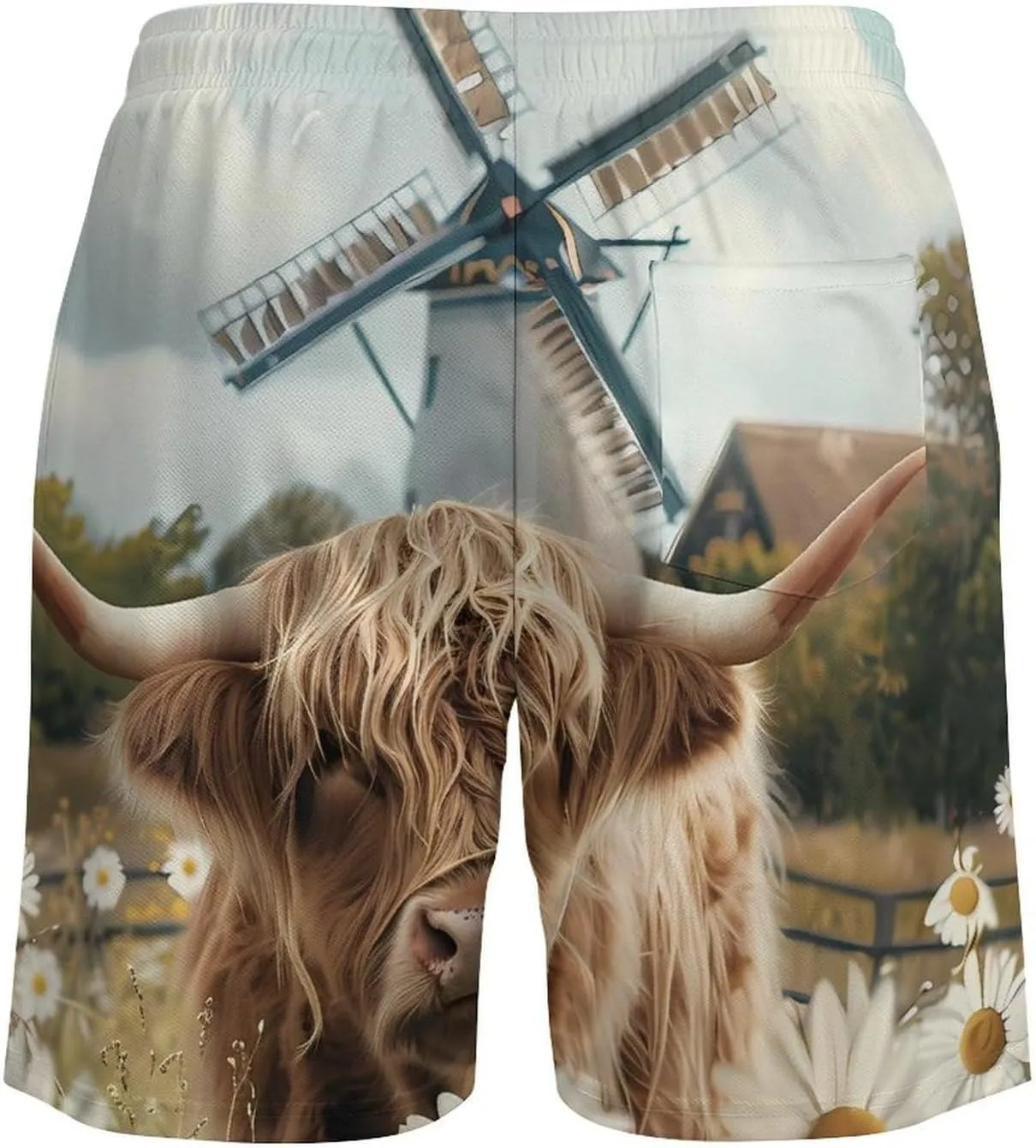 Highland Cow White Daisy Flower Men's Swim Trunks Quick Dry Board Shorts Swimwear Beach Shorts with Compression Liner