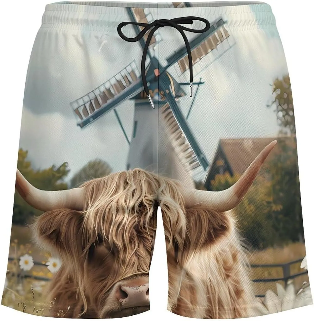 Highland Cow White Daisy Flower Men's Swim Trunks Quick Dry Board Shorts Swimwear Beach Shorts with Compression Liner