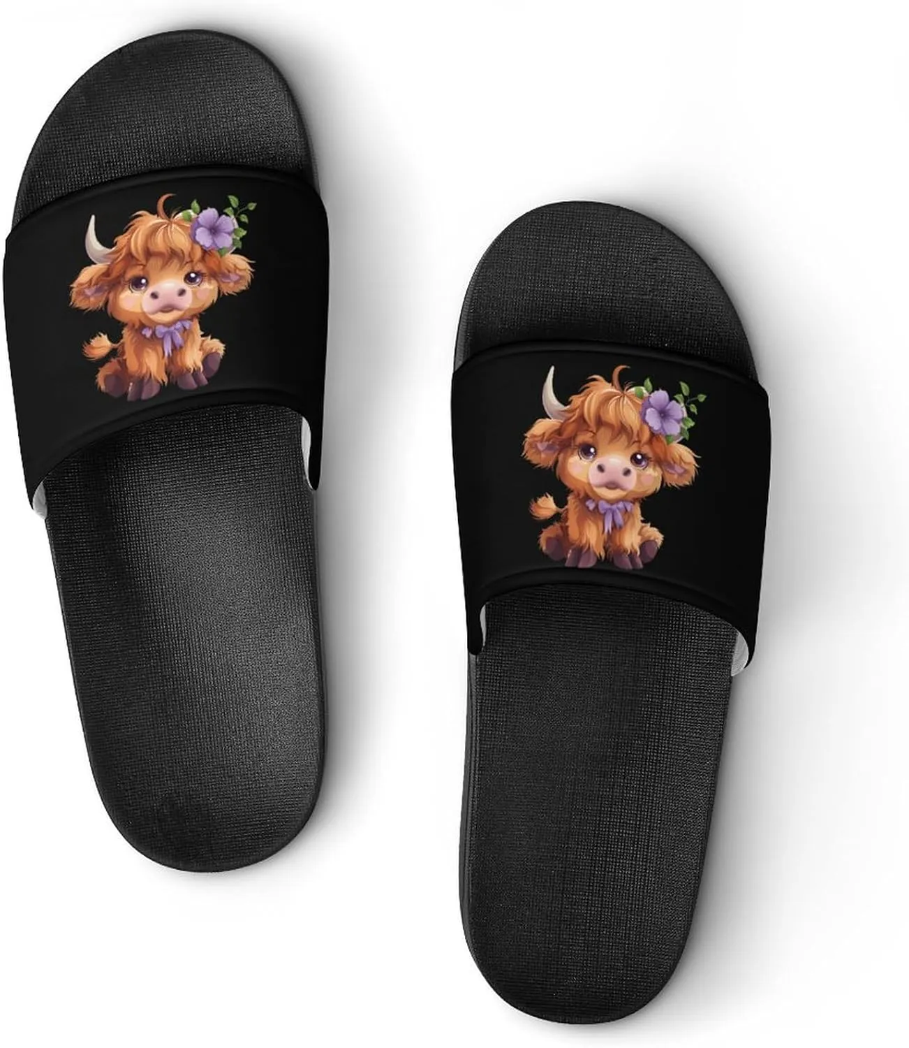 Highland Cow With Purple Flowers Scottish Farm Unisex Shower Shoes House Slippers Non-Slip Indoor Bathroom Shoes for Pool Beach 40 (250mm)