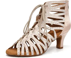 HIPPOSEUS Women's Rhinestone Latin Dance Boots Lace up Ballroom Salsa Dance Heels Ankle Dancing Booties