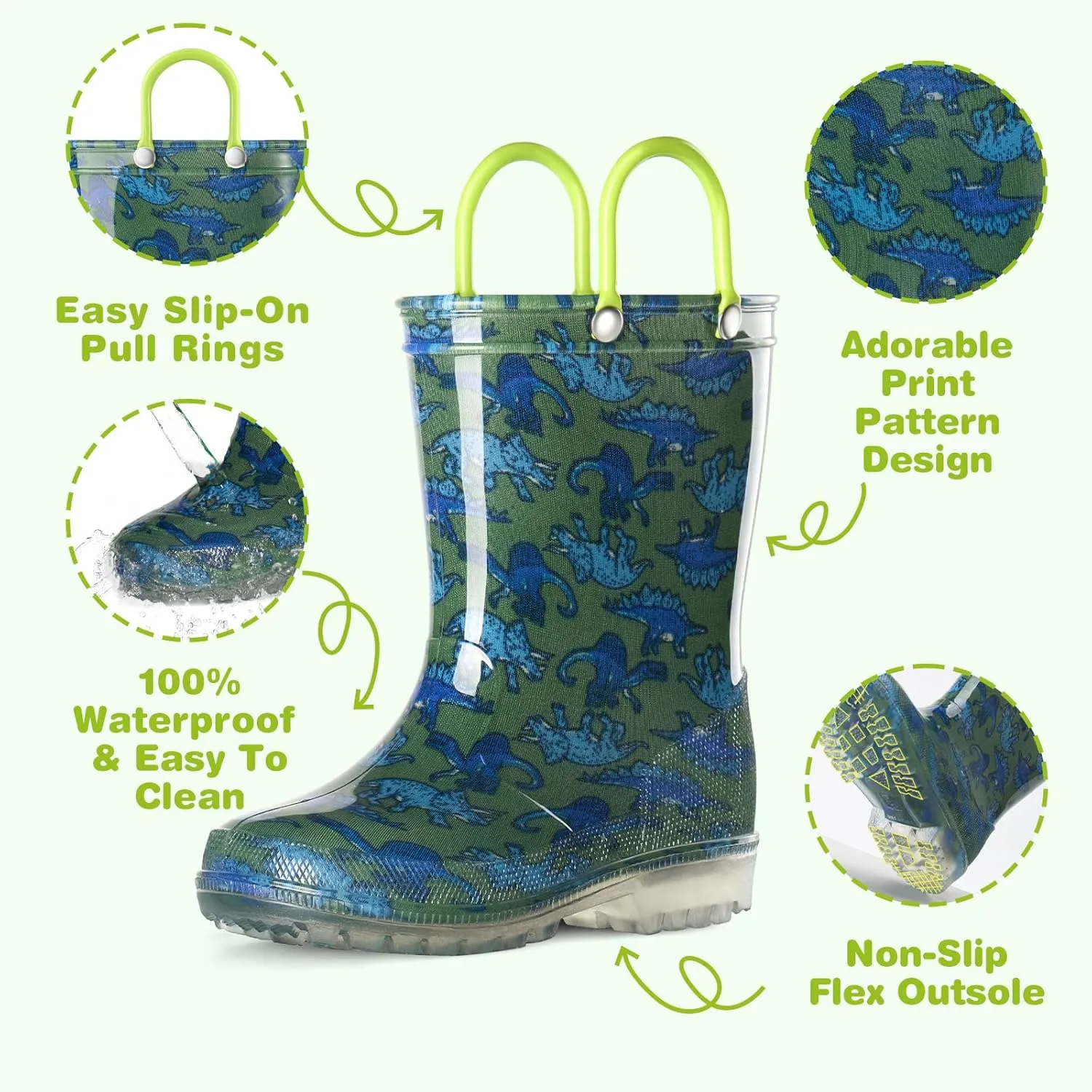 HISEA Kids Rain Boots for Boys Girls, Waterproof Lightweight Rain Boots Light Up by Steps for Water Beach Outdoor Playing (Toddler/Little Kid/Big Kid)