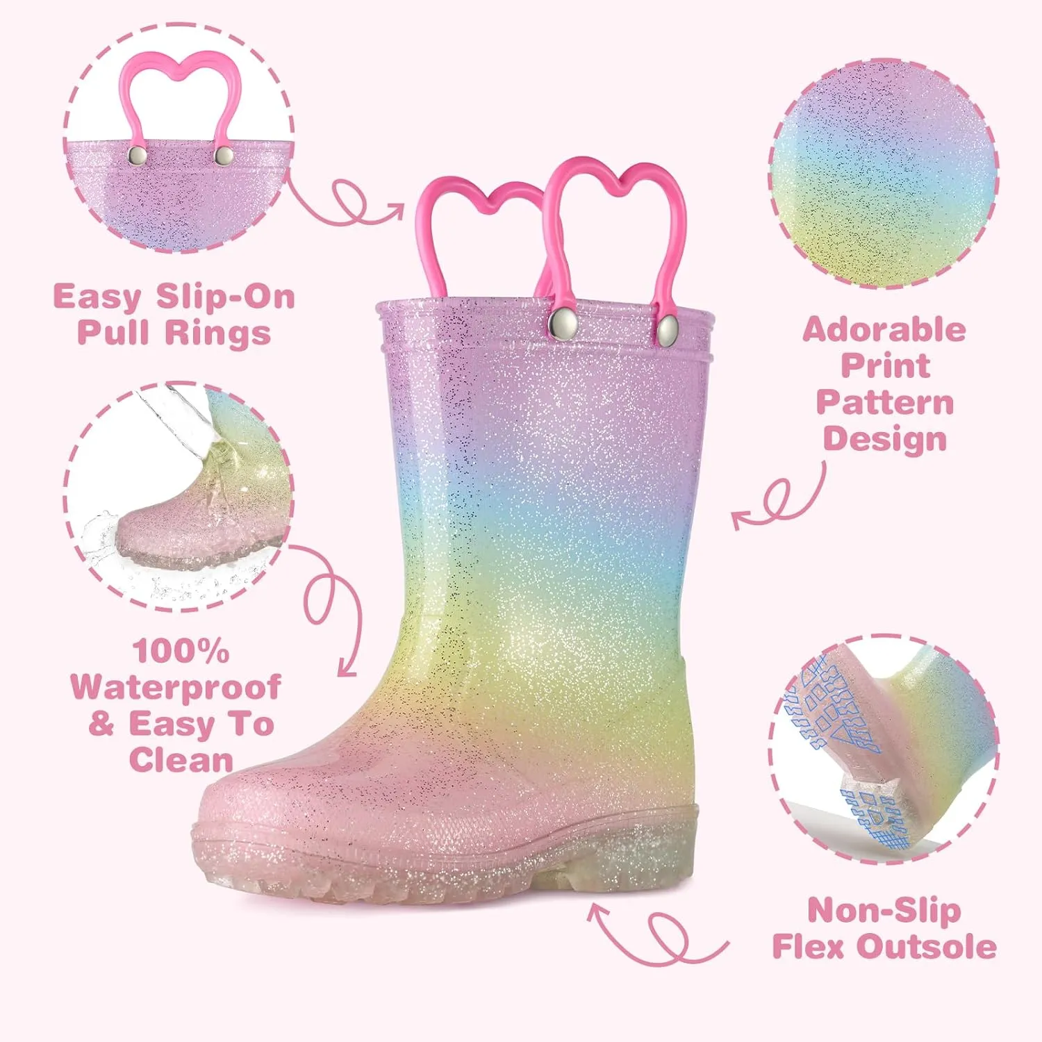 HISEA Kids Rain Boots for Boys Girls, Waterproof Lightweight Rain Boots Light Up by Steps for Water Beach Outdoor Playing (Toddler/Little Kid/Big Kid)