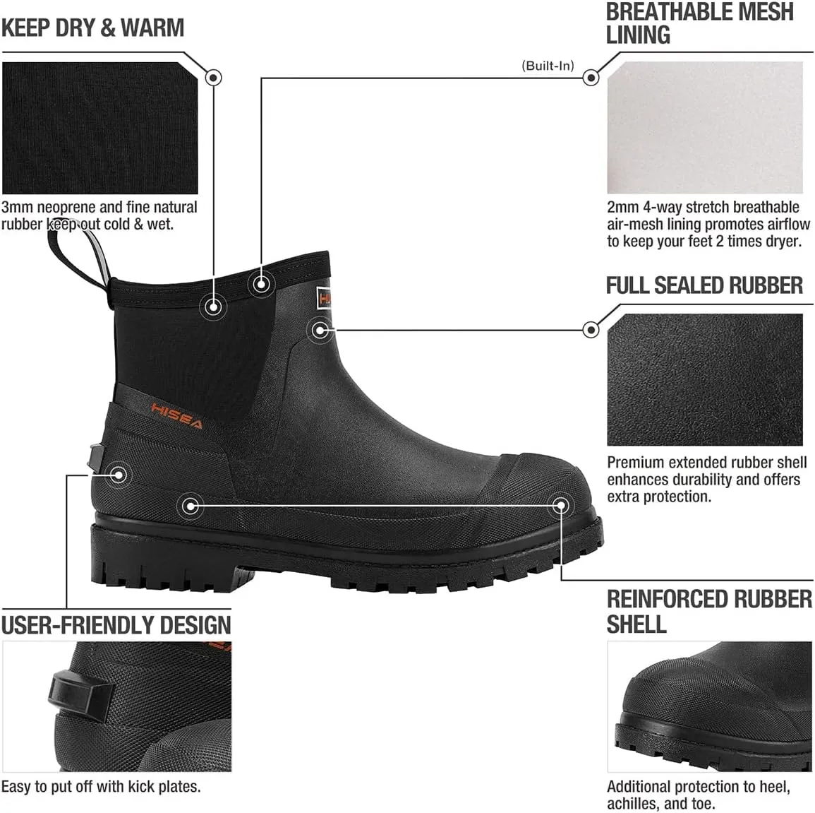 HISEA Men's Chelsea Rain Boots, Rubber Ankle Short Boots for Men Waterproof, Durable Insulated Mud Booties for Outdoor Garden Work