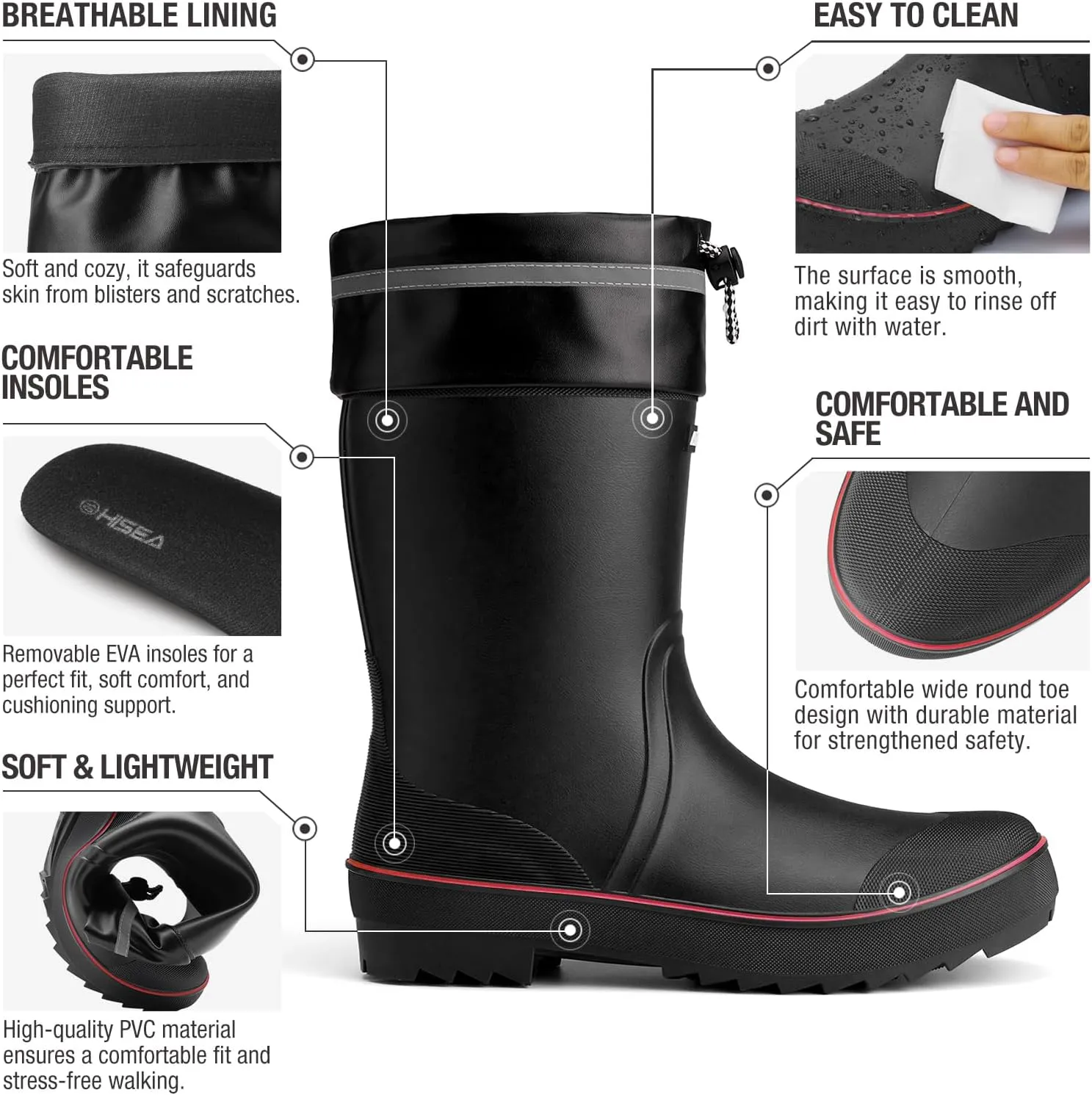 HISEA Men's Rubber Rain Boots Waterproof Durable Non Slip Mid Calf Boots for Garden Fishing Outdoor with Adjustable Closure