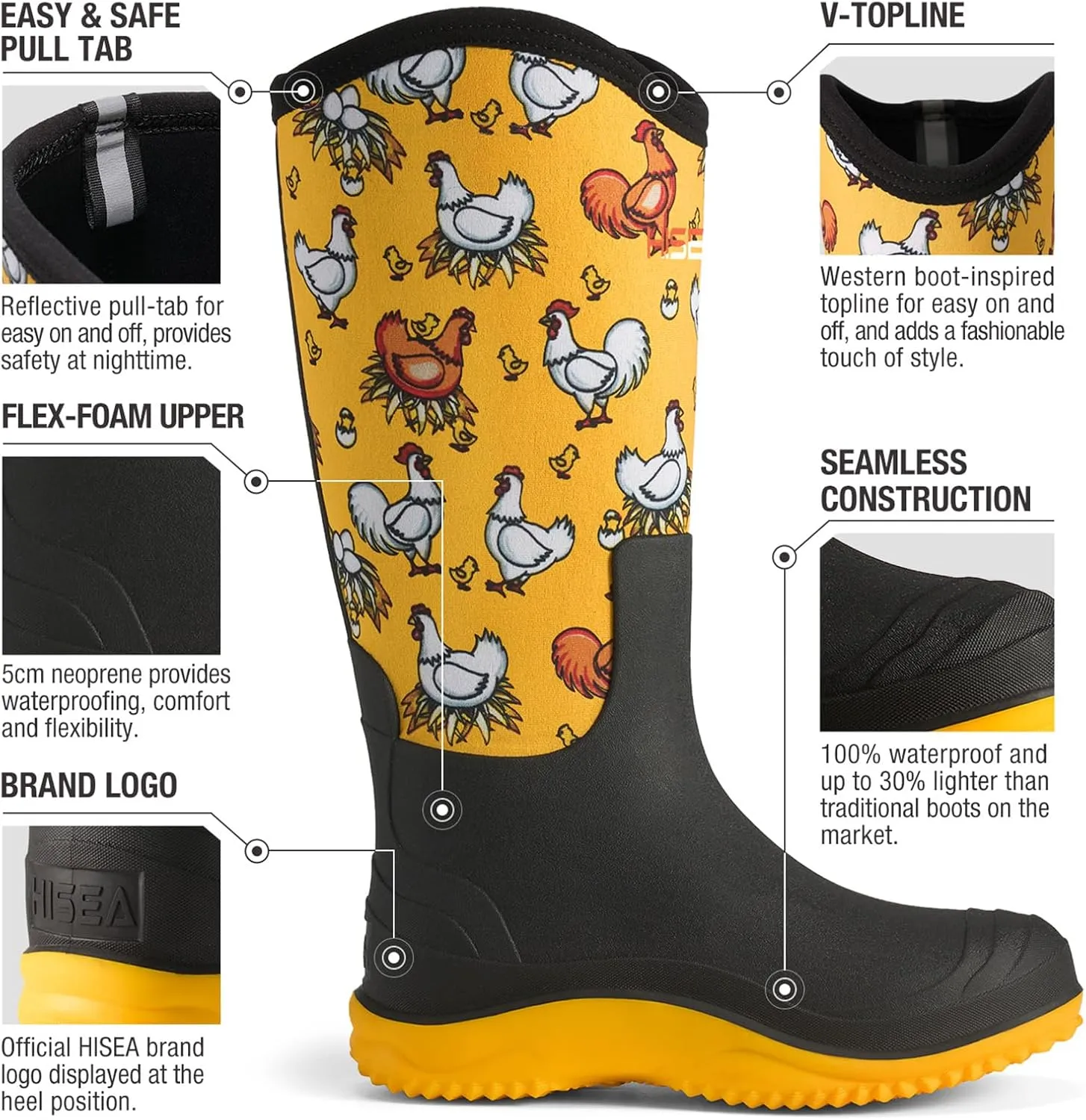 HISEA Muck Boots - Waterproof Tall Garden Boots, Insulated Neoprene Rubber for Outdoor Activities: Hunting, Gardening, Farming, Muddy Yard Work, Sizes US Women 6-11