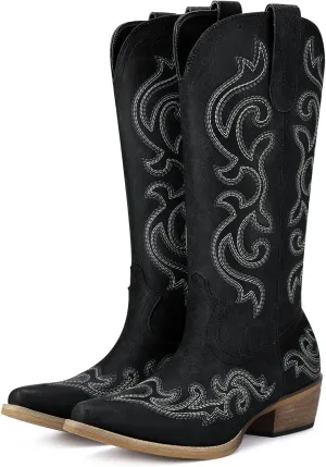 HISEA Rollda Cowboy Boots for Women Western Cowgirl Boots with Chunky Heel Ladies Snip Toe Mid-Calf Boots