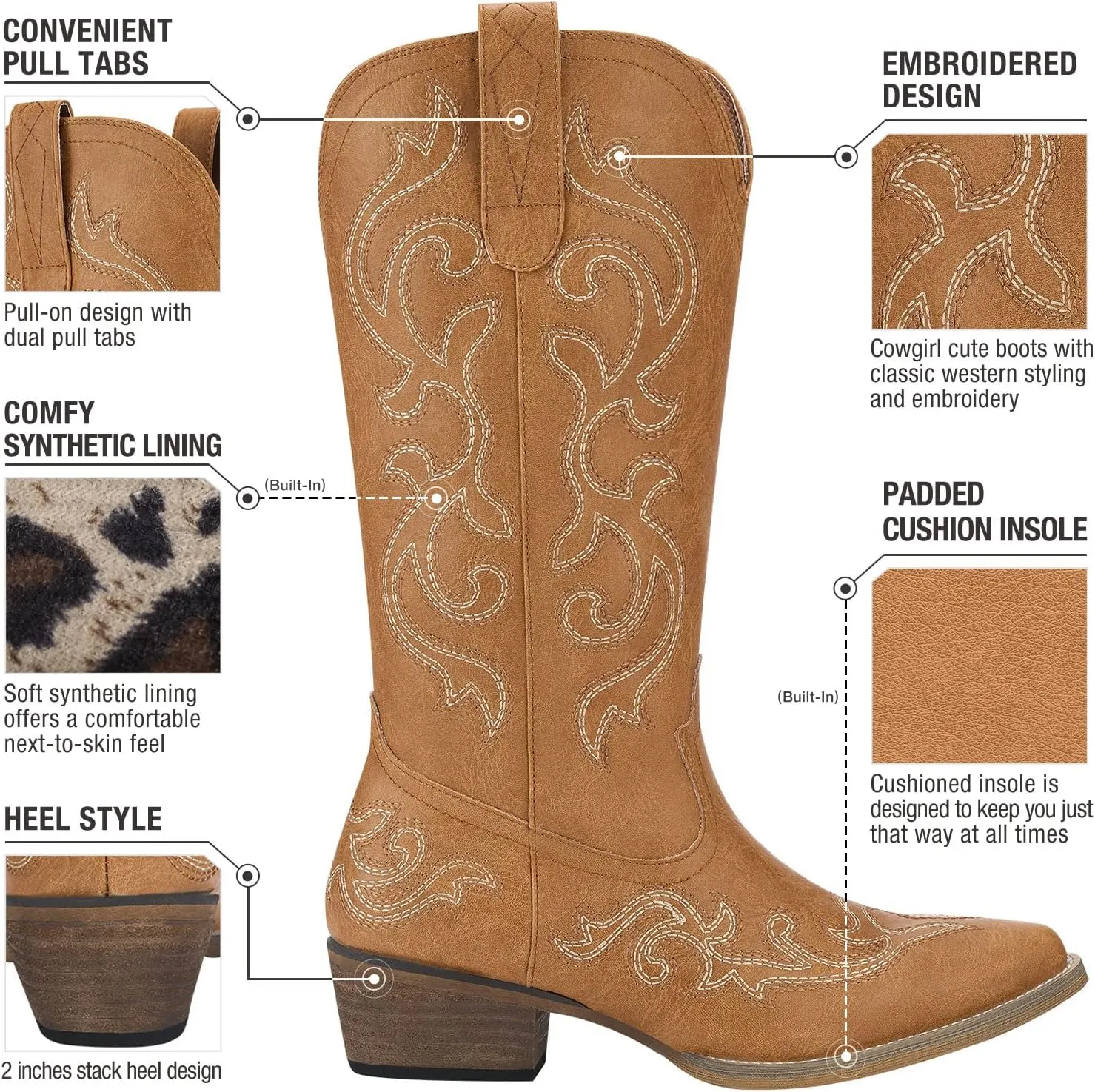 HISEA Rollda Cowboy Boots for Women Western Cowgirl Boots with Chunky Heel Ladies Snip Toe Mid-Calf Boots