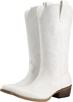 HISEA Rollda Cowboy Boots for Women Western Cowgirl Boots with Chunky Heel Ladies Snip Toe Mid-Calf Boots