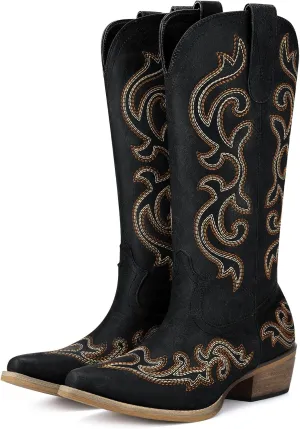 HISEA Rollda Cowboy Boots for Women Western Cowgirl Boots with Chunky Heel Ladies Snip Toe Mid-Calf Boots