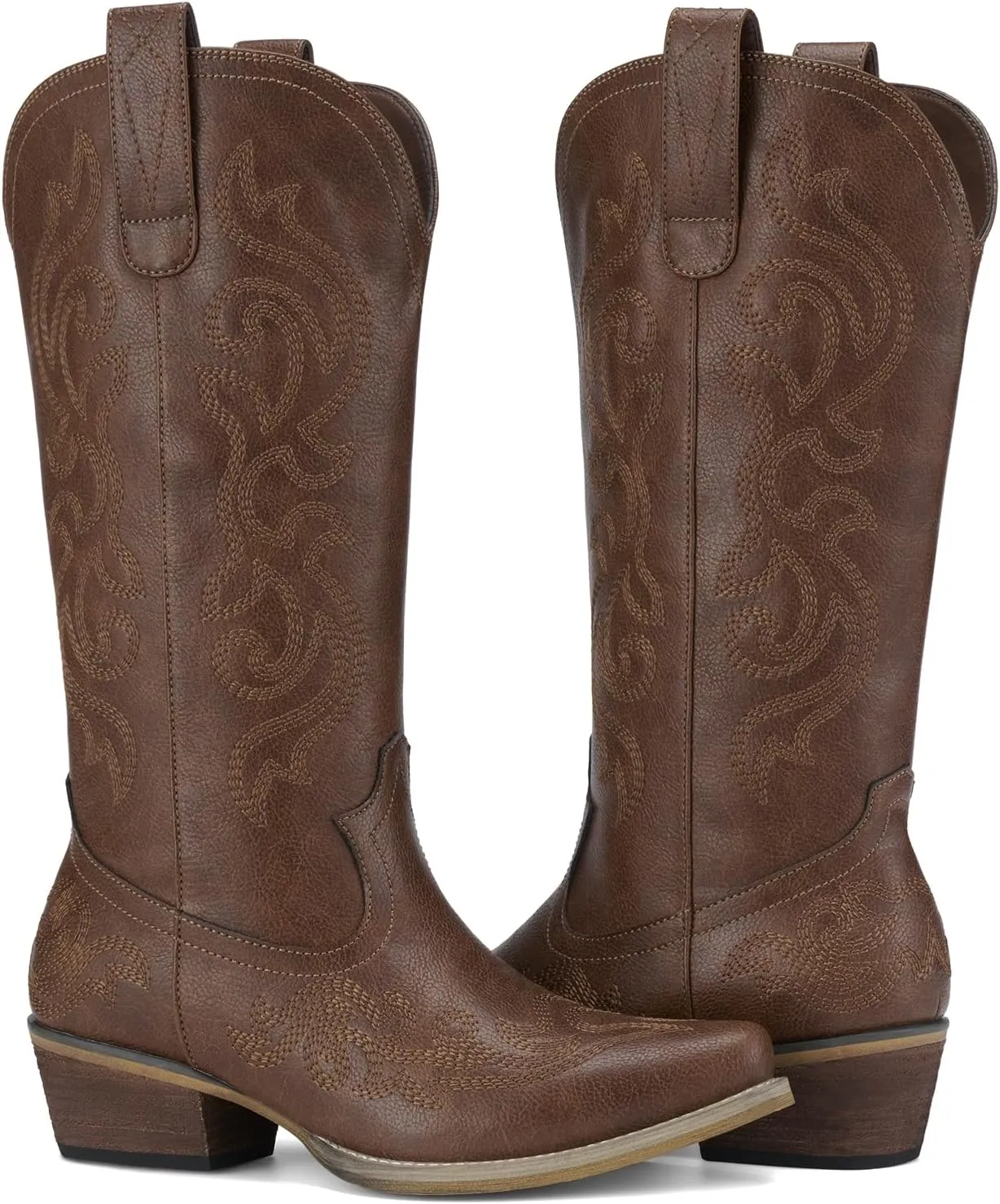 HISEA Rollda Cowboy Boots for Women Western Cowgirl Boots with Chunky Heel Ladies Snip Toe Mid-Calf Boots