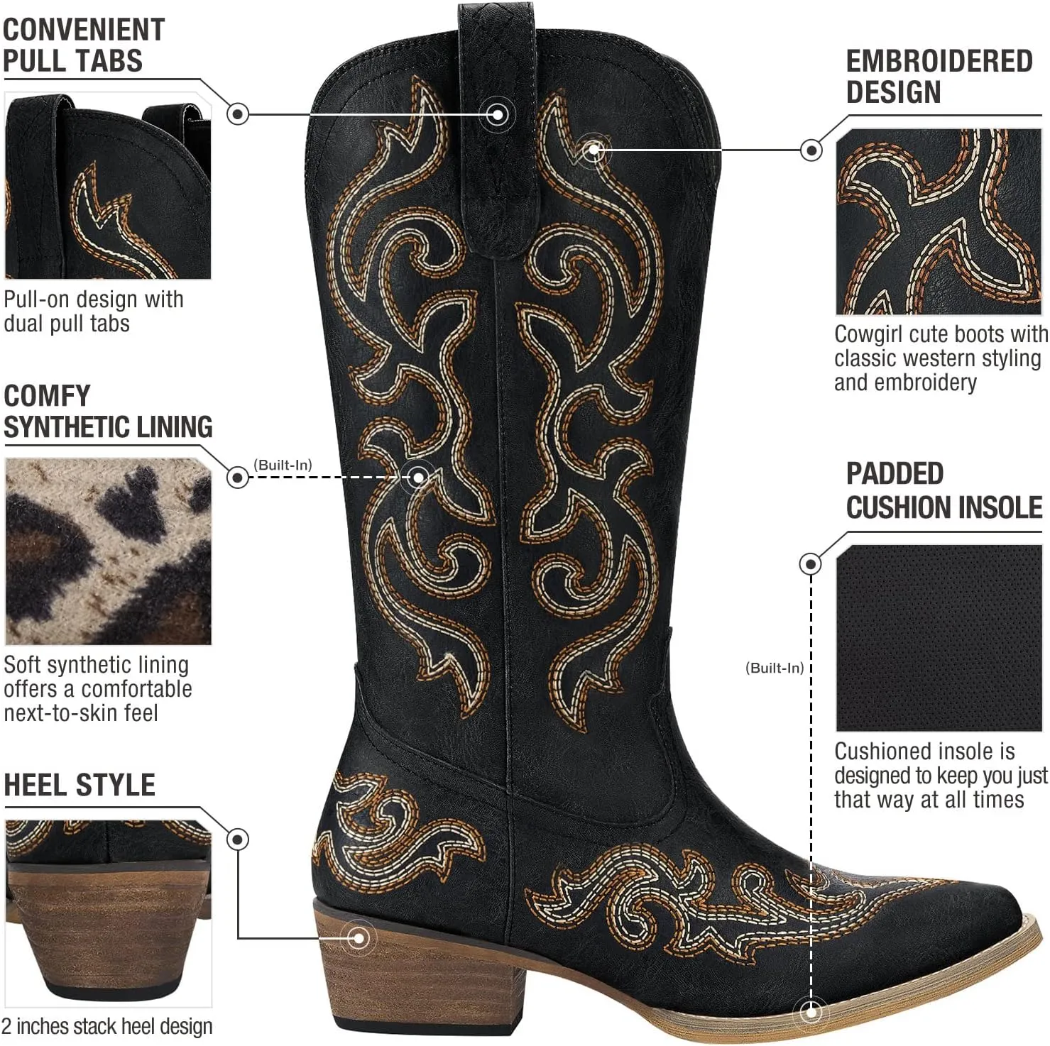 HISEA Rollda Cowboy Boots for Women Western Cowgirl Boots with Chunky Heel Ladies Snip Toe Mid-Calf Boots