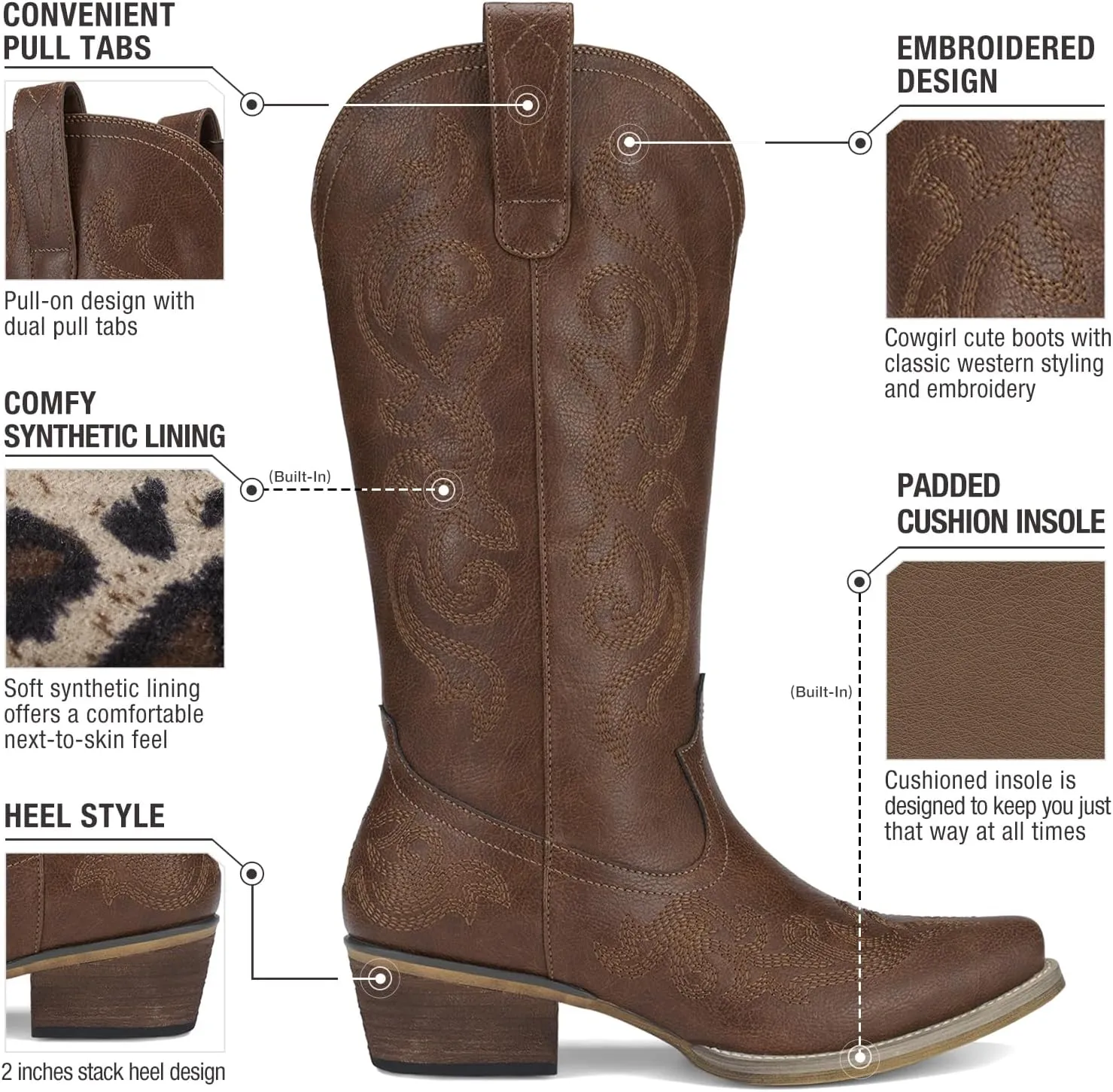HISEA Rollda Cowboy Boots for Women Western Cowgirl Boots with Chunky Heel Ladies Snip Toe Mid-Calf Boots