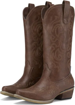 HISEA Rollda Cowboy Boots for Women Western Cowgirl Boots with Chunky Heel Ladies Snip Toe Mid-Calf Boots