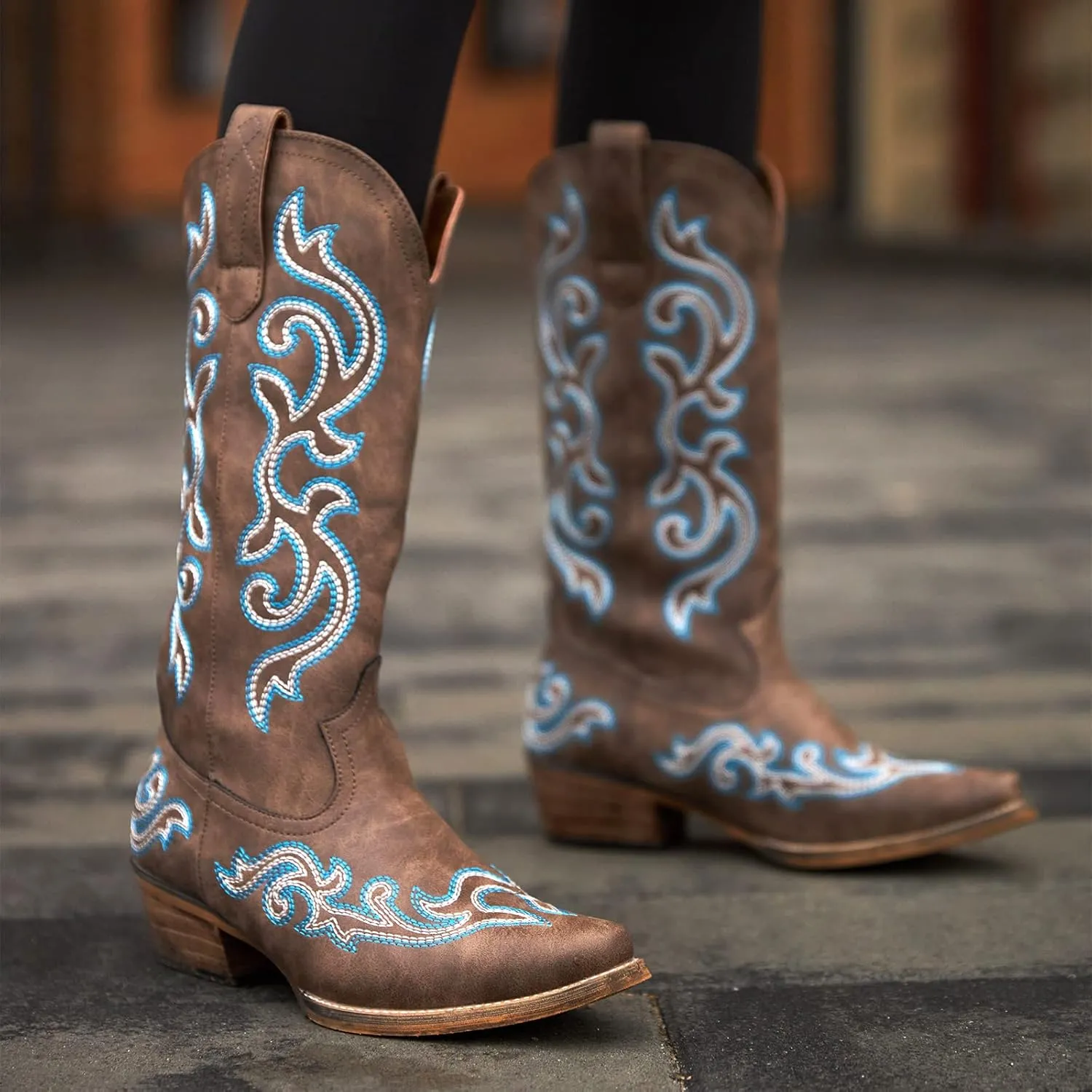 HISEA Rollda Cowboy Boots for Women Western Cowgirl Boots with Chunky Heel Ladies Snip Toe Mid-Calf Boots