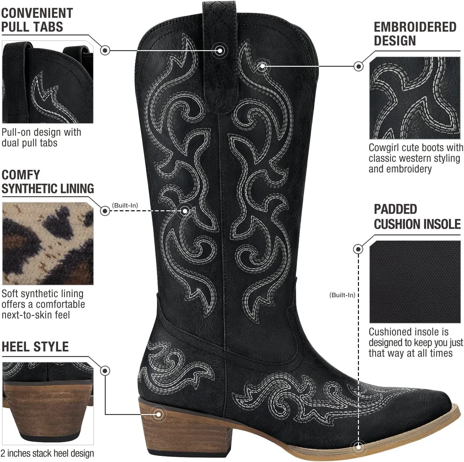 HISEA Rollda Cowboy Boots for Women Western Cowgirl Boots with Chunky Heel Ladies Snip Toe Mid-Calf Boots
