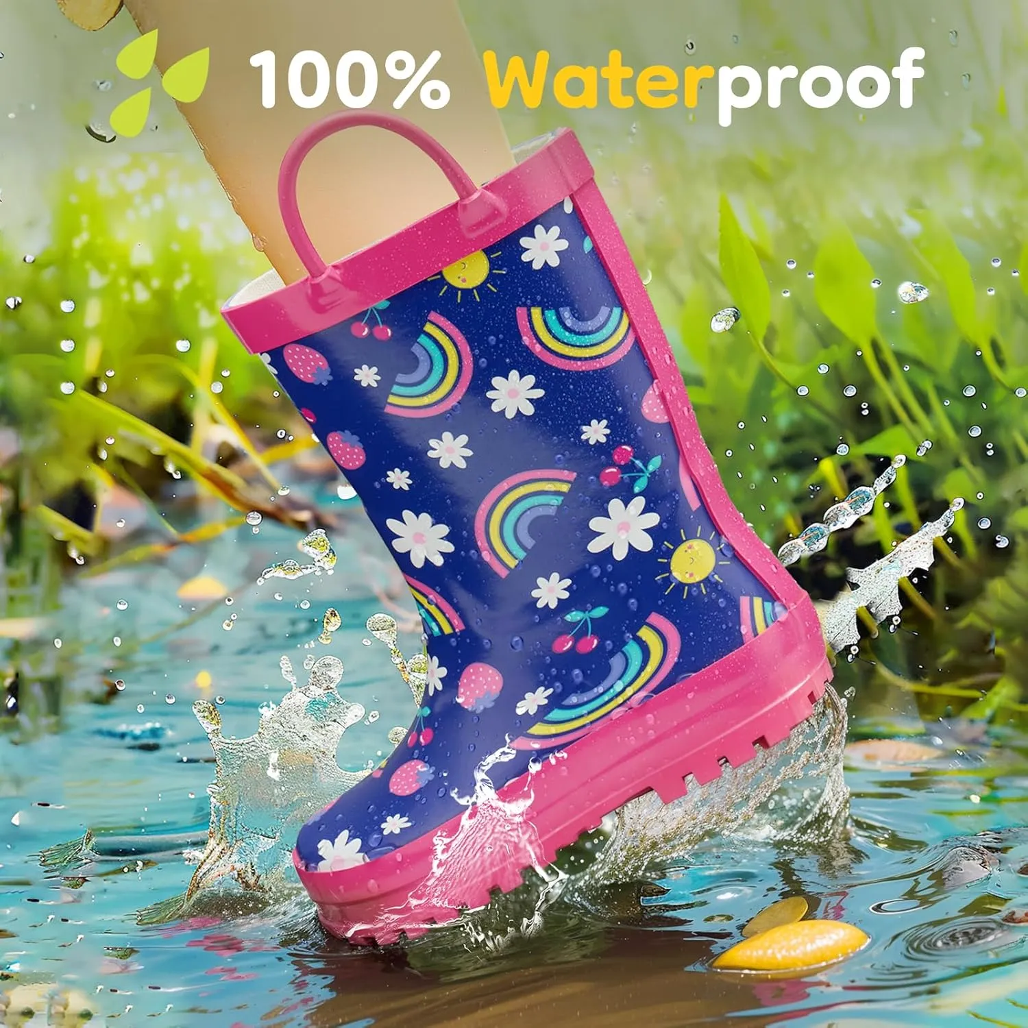 HISEA Rubber Rain Boots for Toddlers and Kids Boys Girls Lightwight Waterproof with Easy-on Handle