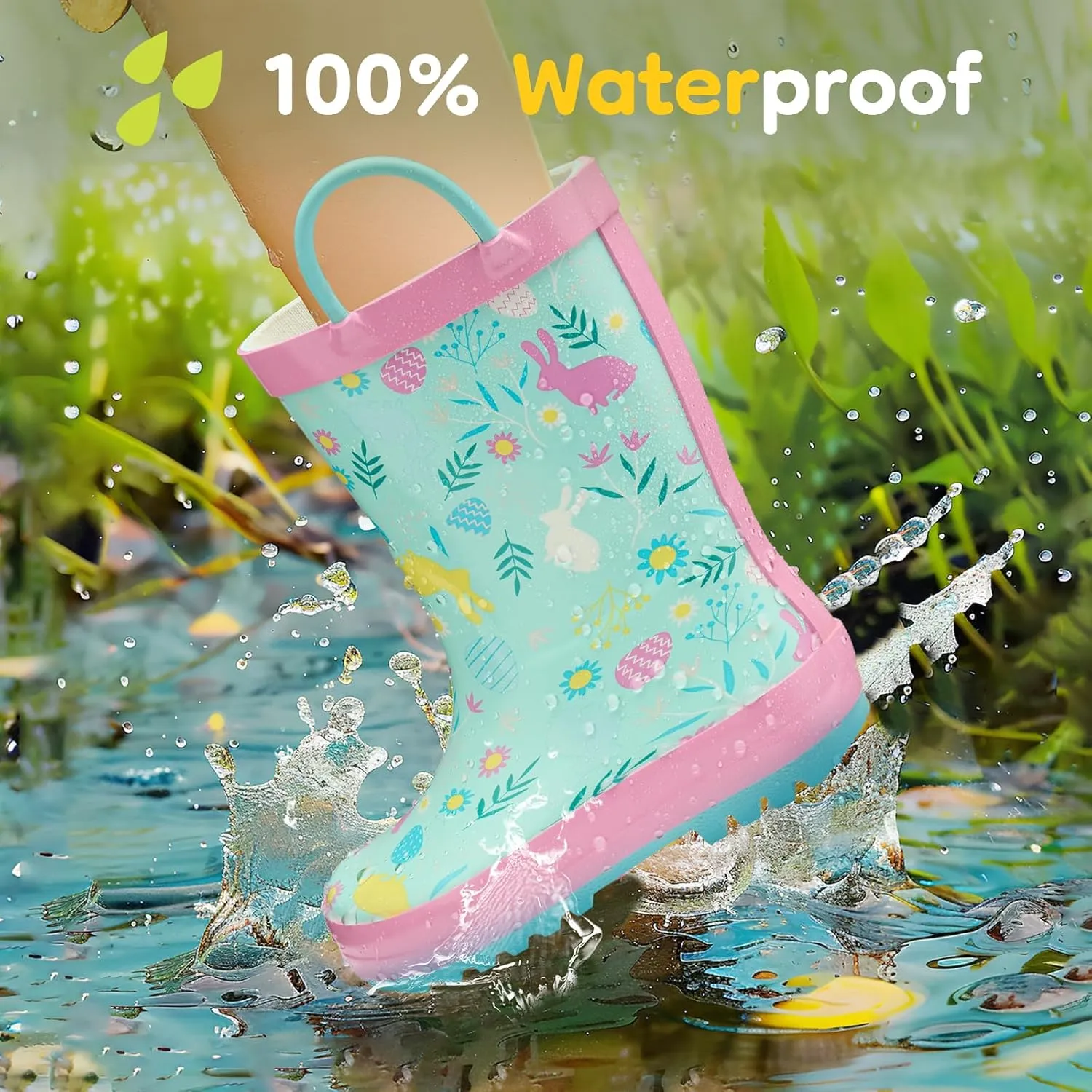 HISEA Rubber Rain Boots for Toddlers and Kids Boys Girls Lightwight Waterproof with Easy-on Handle