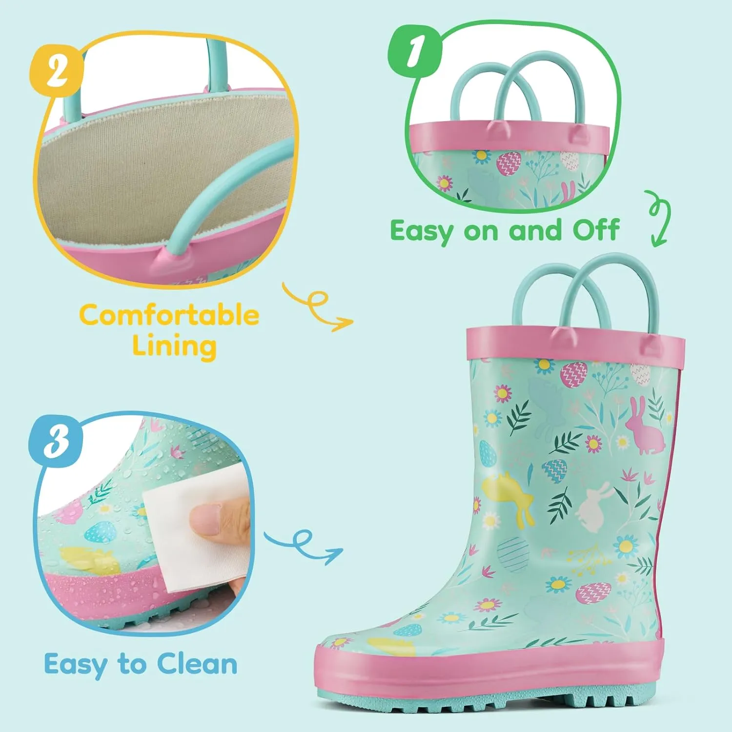 HISEA Rubber Rain Boots for Toddlers and Kids Boys Girls Lightwight Waterproof with Easy-on Handle