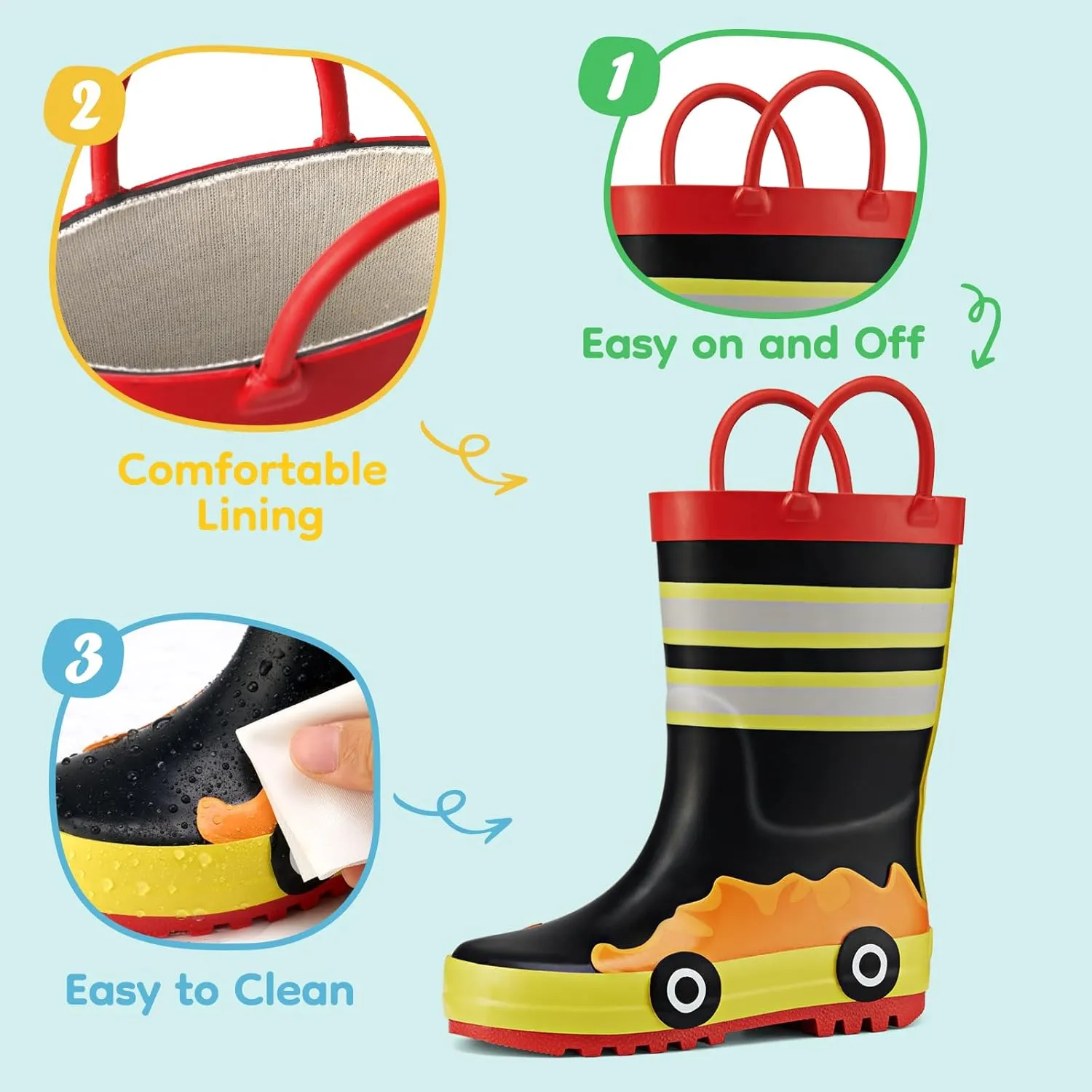 HISEA Rubber Rain Boots for Toddlers and Kids Boys Girls Lightwight Waterproof with Easy-on Handle