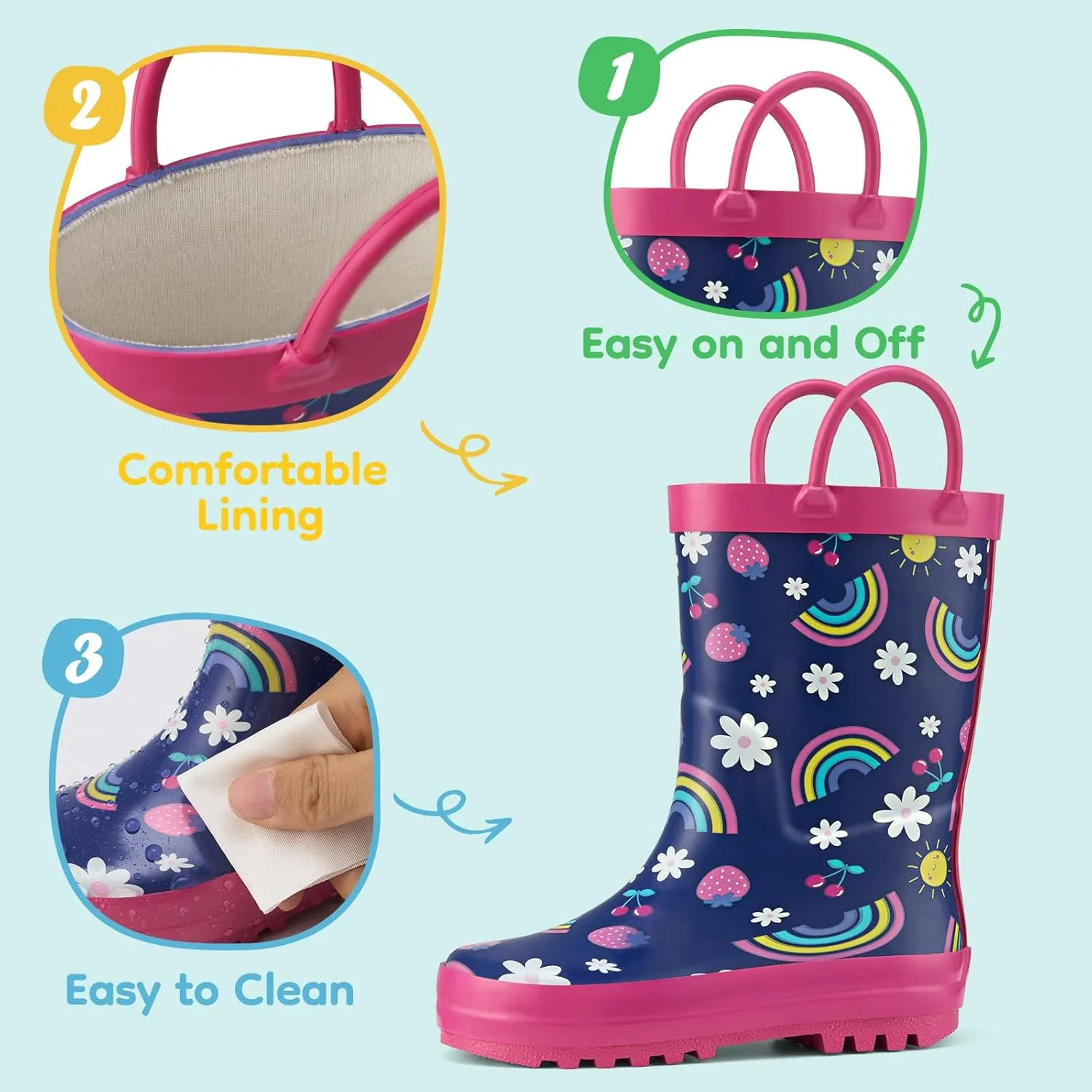 HISEA Rubber Rain Boots for Toddlers and Kids Boys Girls Lightwight Waterproof with Easy-on Handle