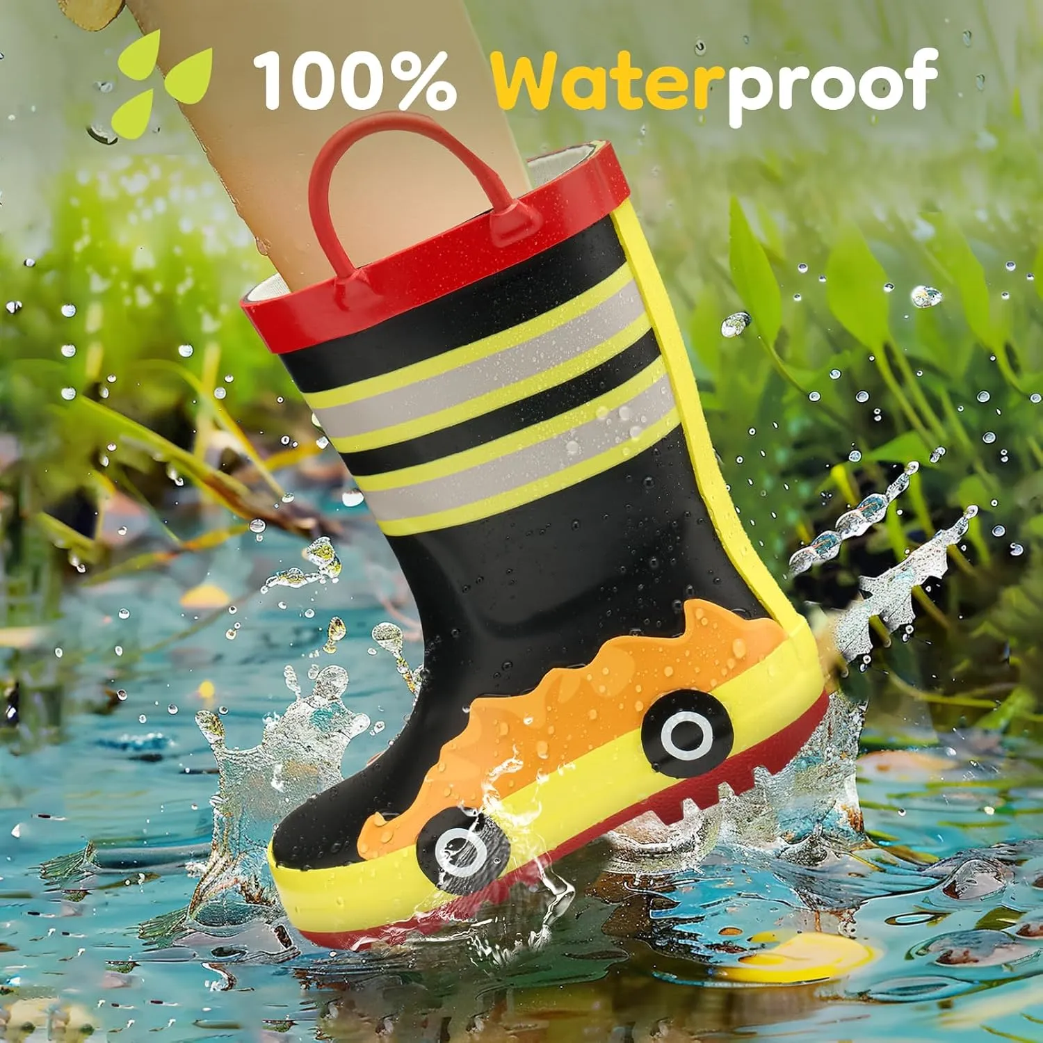 HISEA Rubber Rain Boots for Toddlers and Kids Boys Girls Lightwight Waterproof with Easy-on Handle