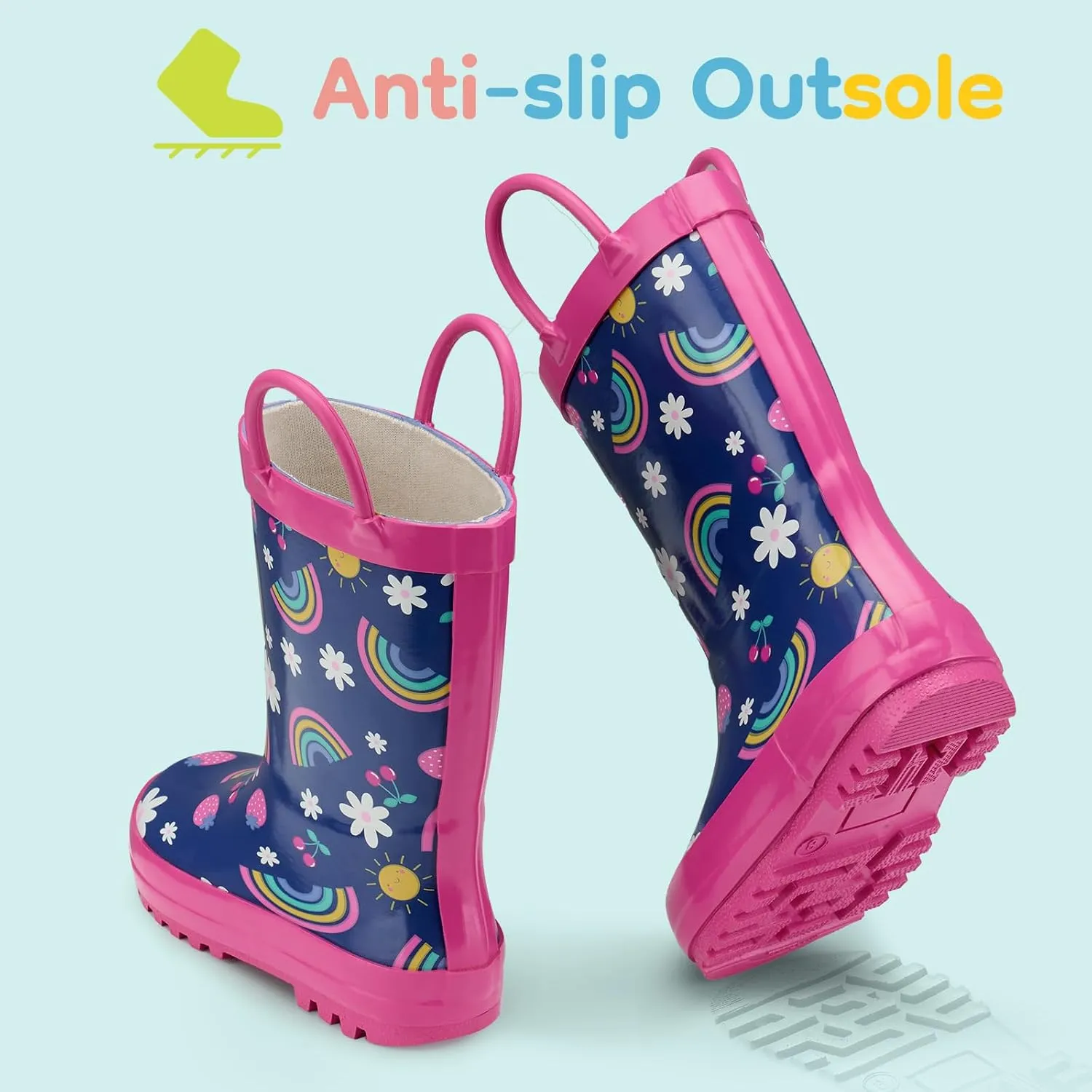 HISEA Rubber Rain Boots for Toddlers and Kids Boys Girls Lightwight Waterproof with Easy-on Handle