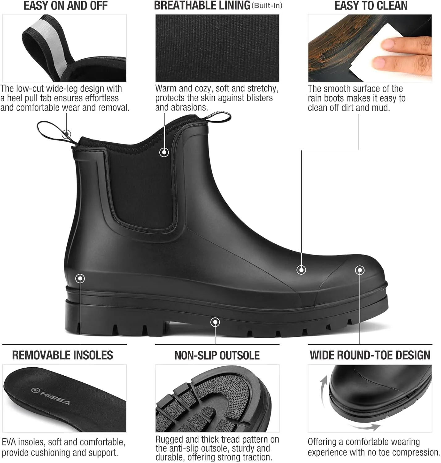 HISEA Women's Chelsea Rubber Rain Boots Ankle Rain Boots Waterproof Women Neoprene Short Garden Boots