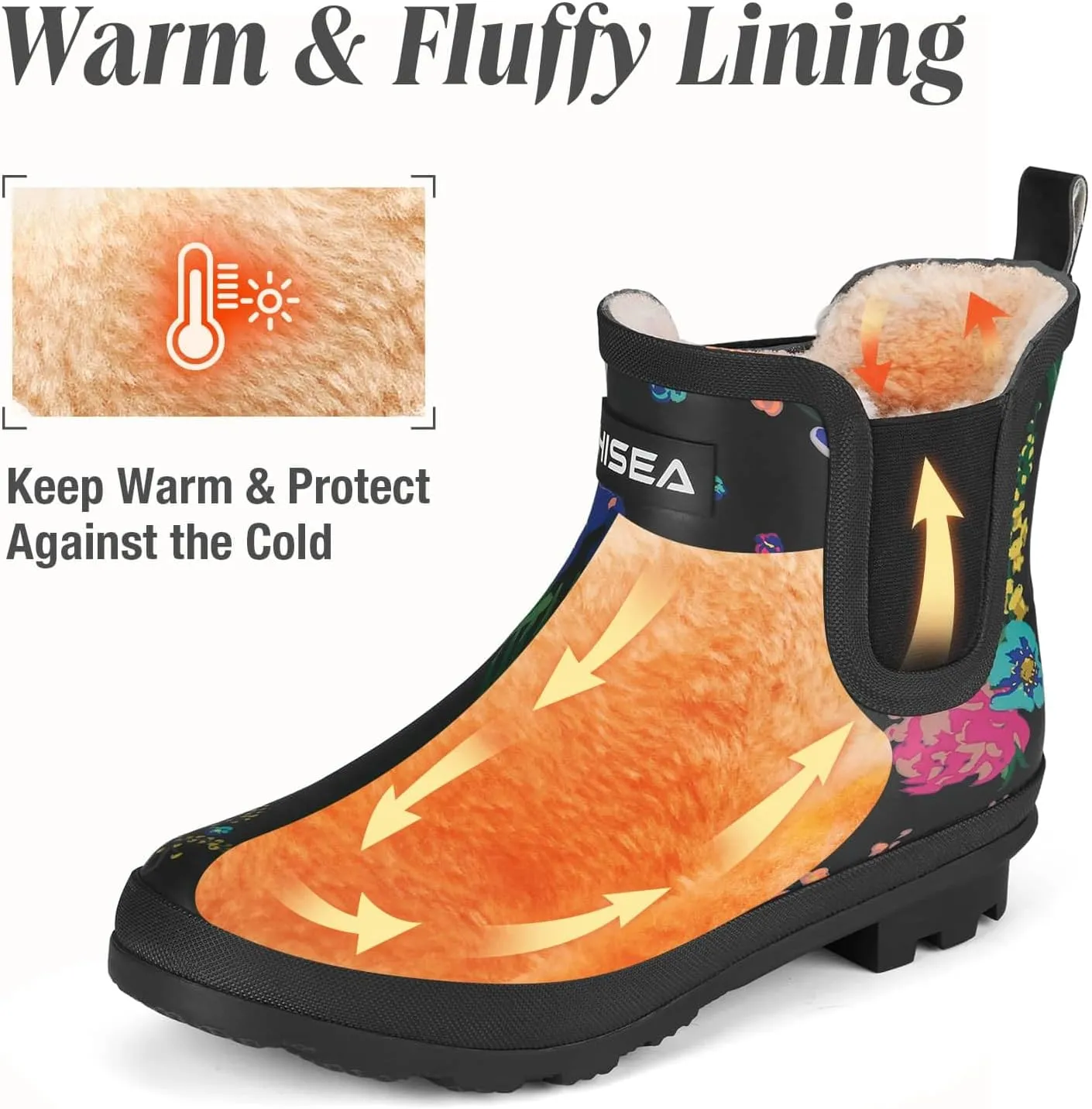 HISEA Women's Plush Rain Boots Waterproof, Chelsea Rubber Booties Women, Ladies Ankle Boots for Winter Spring Garden Outdoor