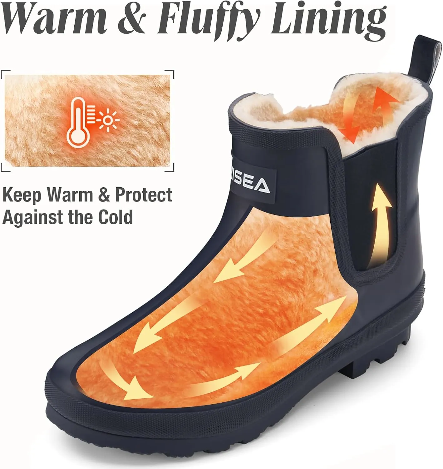 HISEA Women's Plush Rain Boots Waterproof, Chelsea Rubber Booties Women, Ladies Ankle Boots for Winter Spring Garden Outdoor