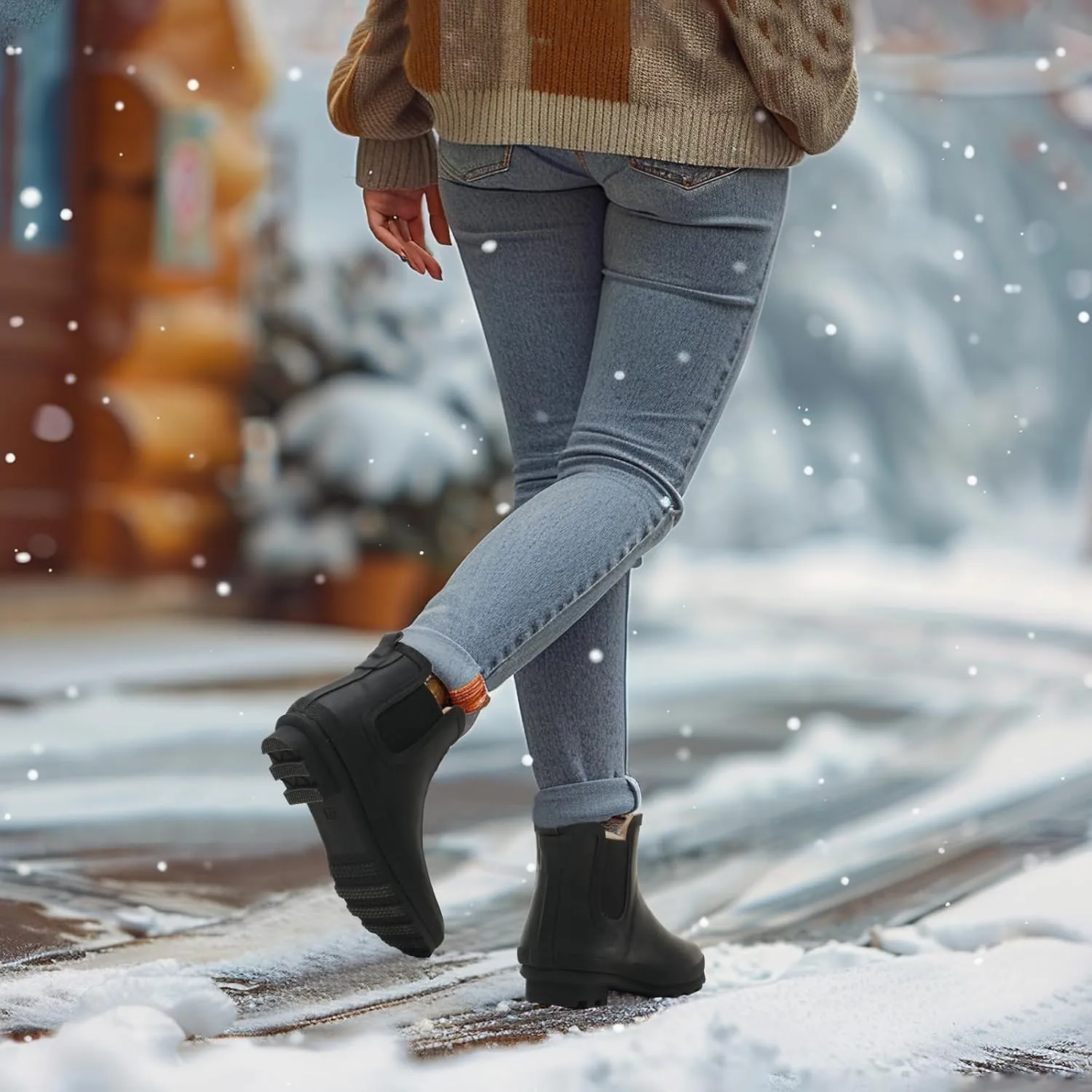 HISEA Women's Plush Rain Boots Waterproof, Chelsea Rubber Booties Women, Ladies Ankle Boots for Winter Spring Garden Outdoor